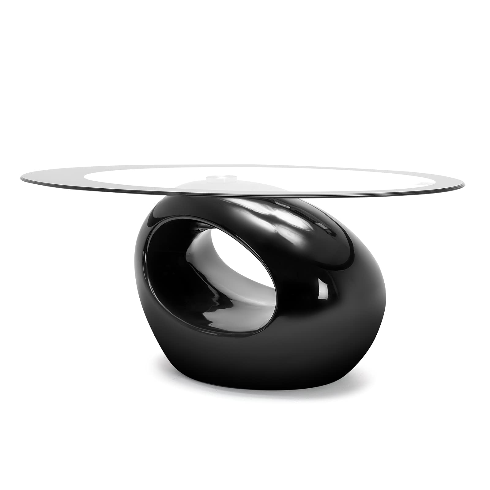 Modern Oval Glass Coffee Table with High Gloss Hollow Base & Tempered Glass Top - Stylish Side Table for Living Room, Sitting Room, Lounge - Black Contemporary Coffee Table for Home Decor & Entertaining Guests