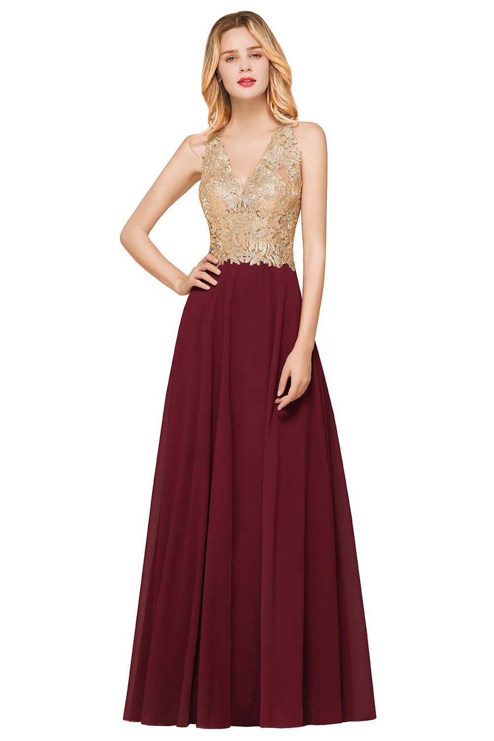 Elegant Golden Floral Lace Chiffon Bridesmaid Dress for Women - Formal Guest Dress for Weddings, Parties & Special Occasions