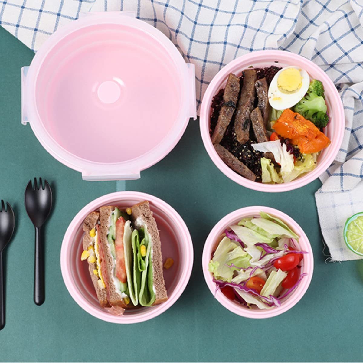 Collapsible Silicone Bowls for Camping - Set of 4 Round BPA-Free Food Storage Containers with Lids | Microwave, Freezer & Dishwasher Safe | RV Kitchen Organization & Travel Accessories | Perfect for Picnics, Hiking & Outdoor Dining (Pink)