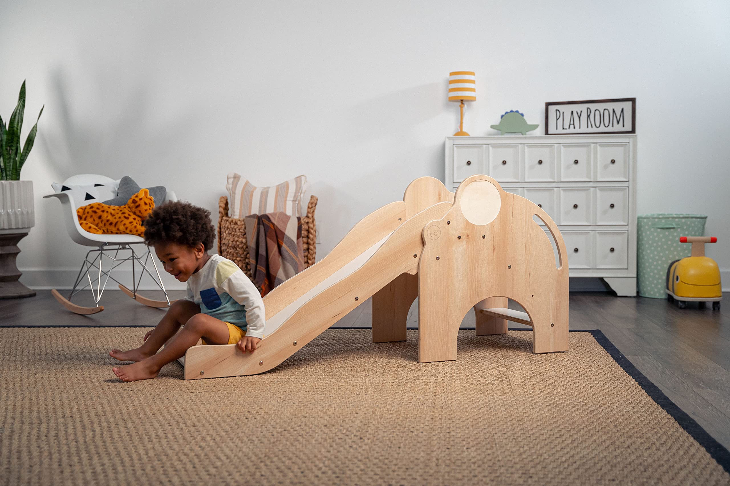 Avenlur Nima Indoor Slide for Toddlers - Elephant Shaped Montessori & Waldorf Style Kids Slide - Safe Sturdy Slide for 1-5 Year Olds - Develop Motor Skills & Balance - Perfect for Playrooms, Daycares & Indoor Play Spaces