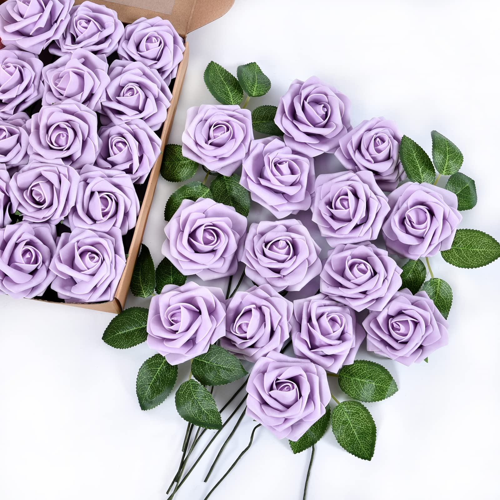 30PCS Realistic Light Purple Foam Artificial Roses with 6PCS Leaves - DIY Wedding Bouquets, Bridal Shower Centerpieces, Home Decor, Party Decoration for Tables, Vases, and Floral Arrangements