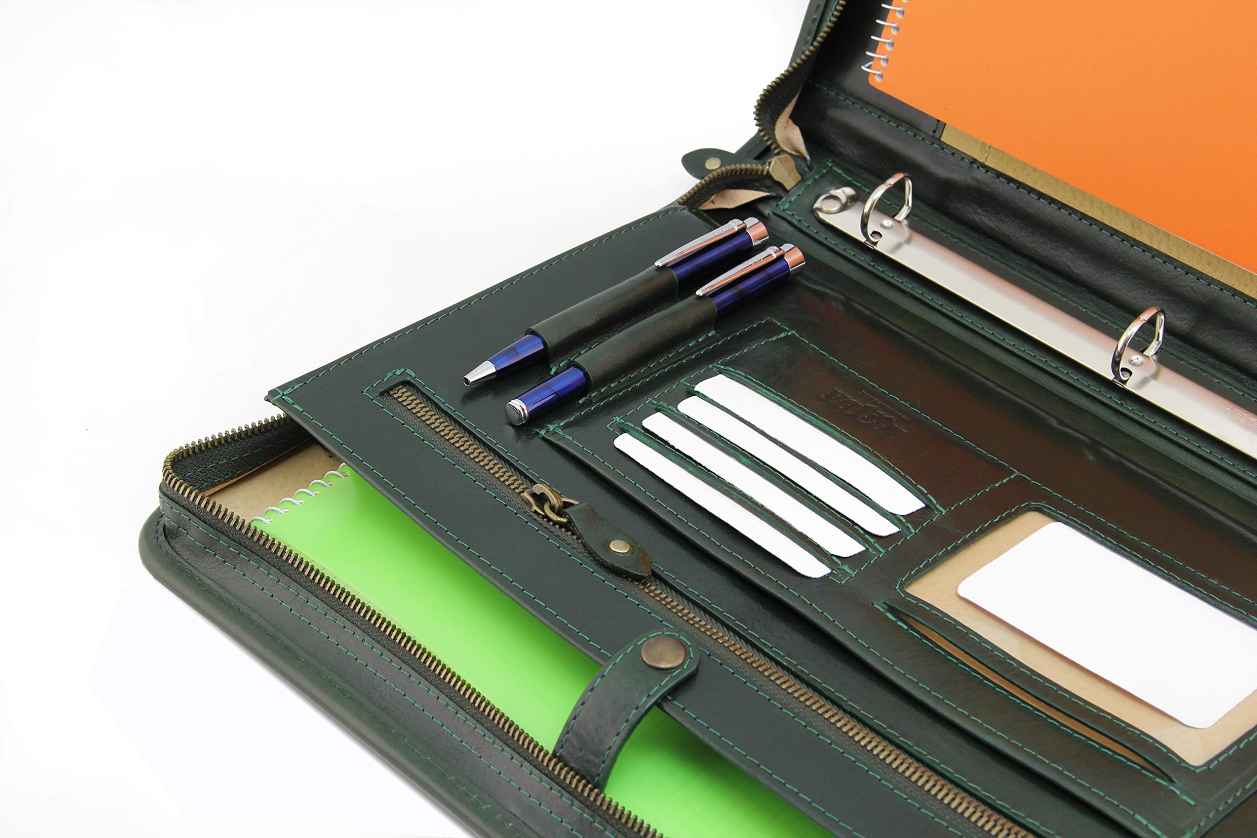 Professional Leather Portfolio 3-Ring Binder - Notebook & Legal Pad Organizer with Zipper Closure | A4 Size Business Padfolio for Men & Women (Green) | Perfect for Office Meetings, Presentations & Executive Gifting