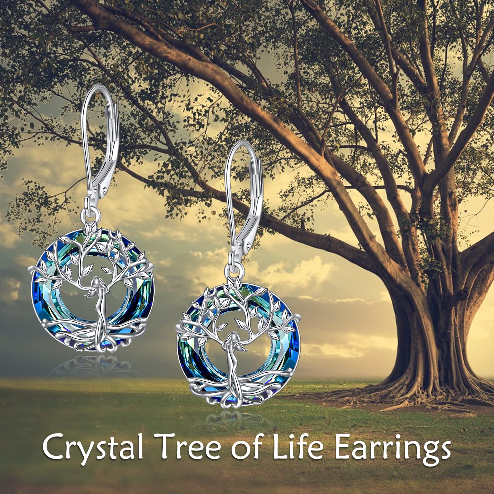 Tree of Life Leverback Earrings Sterling Silver Dangle Drop Earrings with Blue Crystal - Elegant Birthstone Jewelry Gifts for Women, Perfect for Birthday, Anniversary, Wedding & Everyday Wear