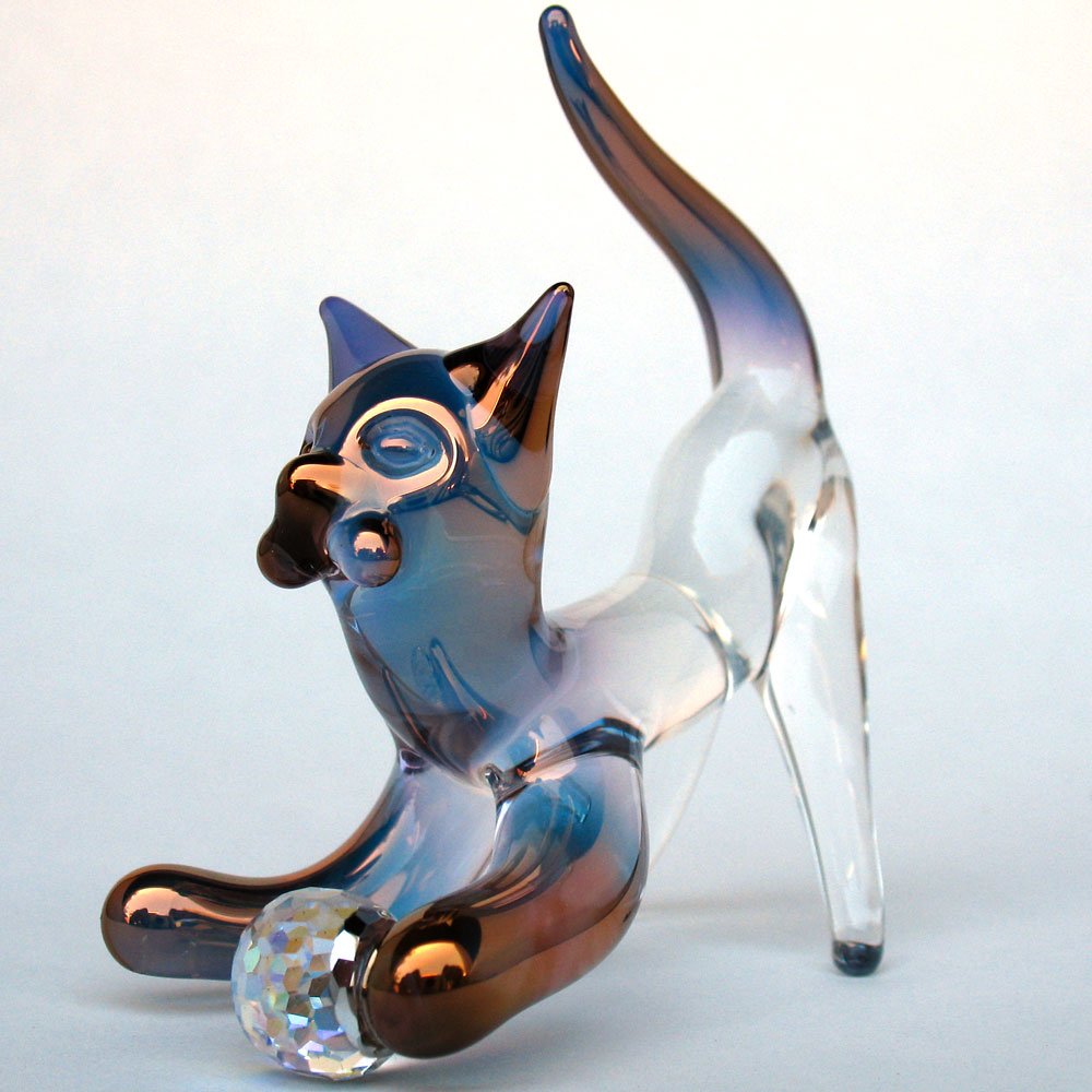 Hand Blown Glass Cat Figurine with Swarovski Crystals - Elegant Home Decor & Gift for Cat Lovers - Perfect for Shelves, Desks, and Collectible Displays