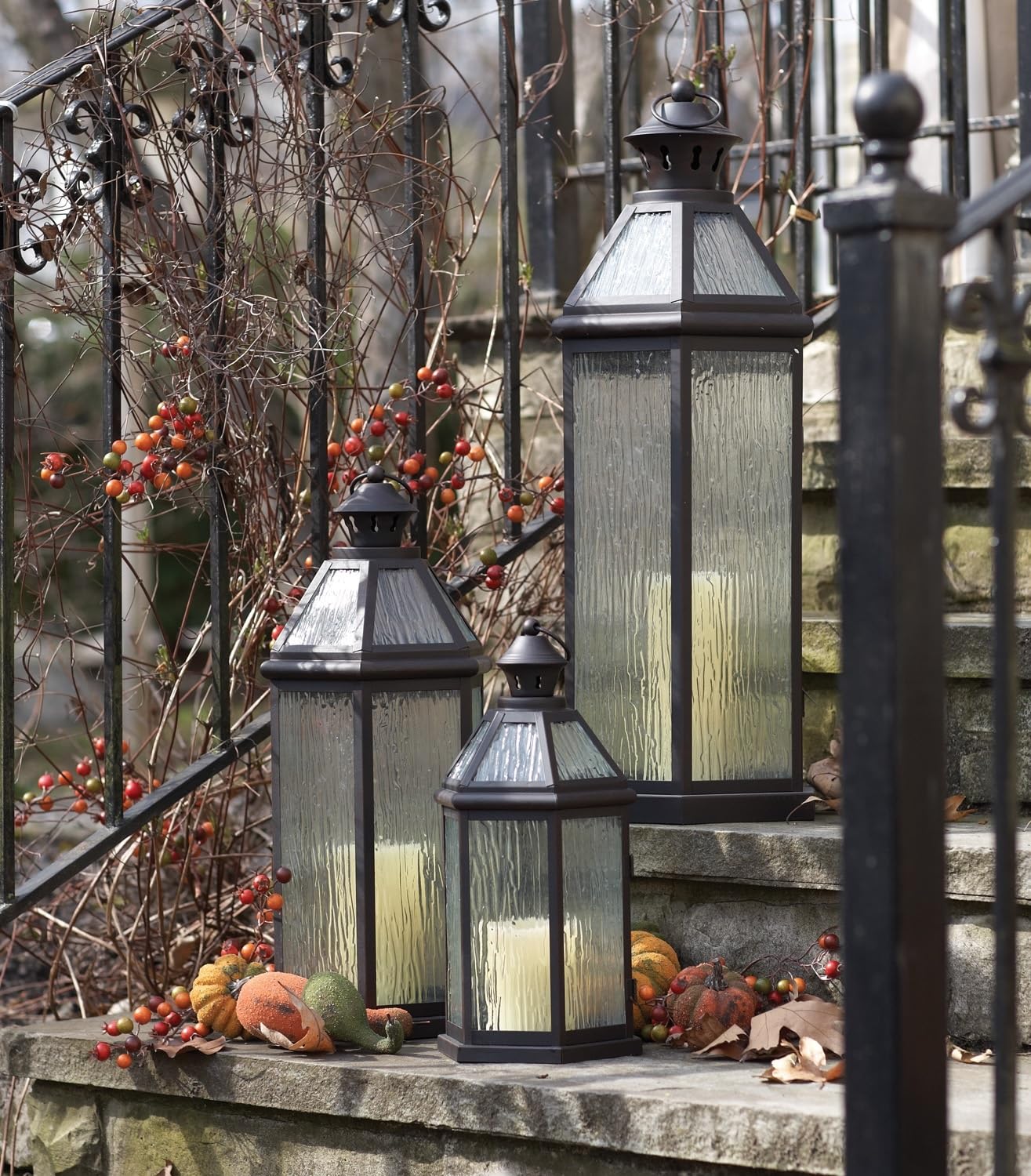 Set of 3 Brown and Clear Glass Pillar Candle Holders - 27.5 Inch Tall Rustic Lanterns for Home Decor, Wedding Centerpieces, and Outdoor Patio Lighting