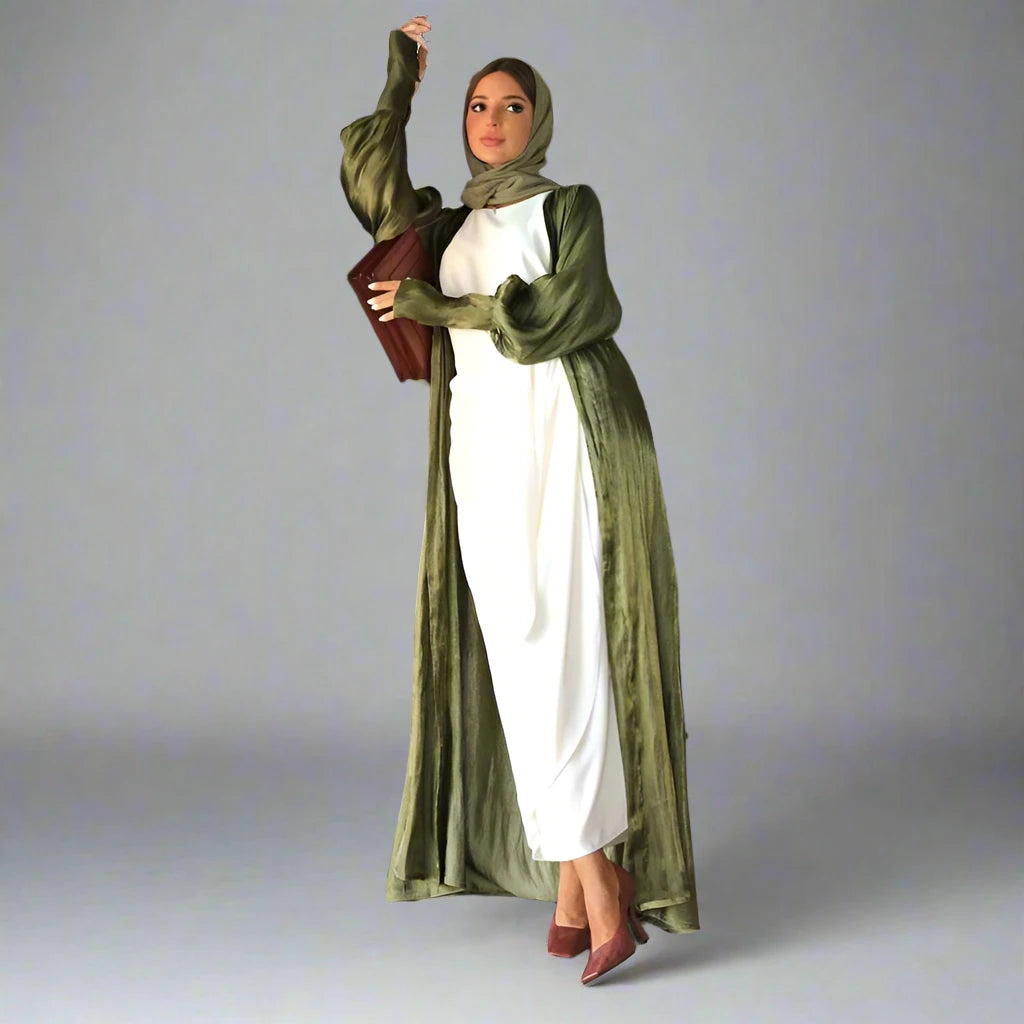 Army Green Muslim Women's Open Abaya Cardigan Dress with Mushroom Button Sleeves - Modest Fashion for Prayer, Home & Casual Wear