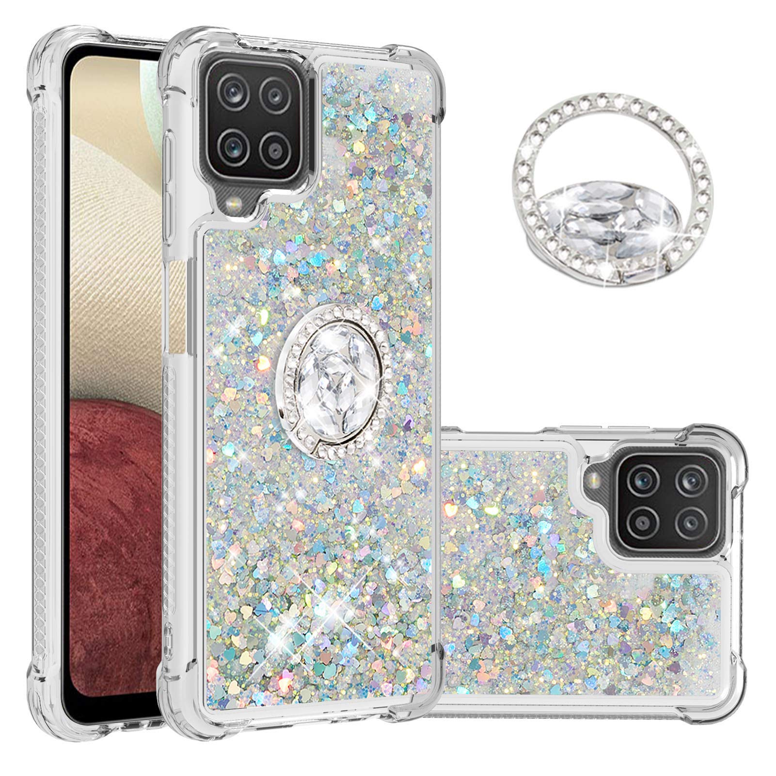 Samsung Galaxy A12 Case 6.5 Inch, Clear Glitter Liquid Floating TPU Phone Cover with Stand - Sparkling Diamond Design for Samsung Galaxy A12 (2020 Model) - Perfect for Daily Use, Work, and Night Out Protection