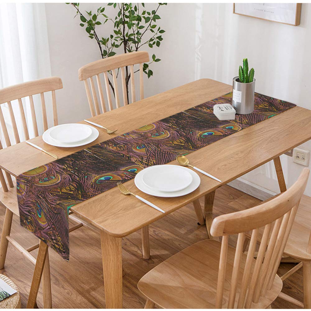 Swono Peacock Feather Table Runner - Vintage Colorful Cotton Linen Tablecloth for Kitchen, Coffee Table & Dining Room - Non-Slip 14x72 Inch - Perfect for Holiday Decor, Wedding Centerpiece & Boho Home Decor
