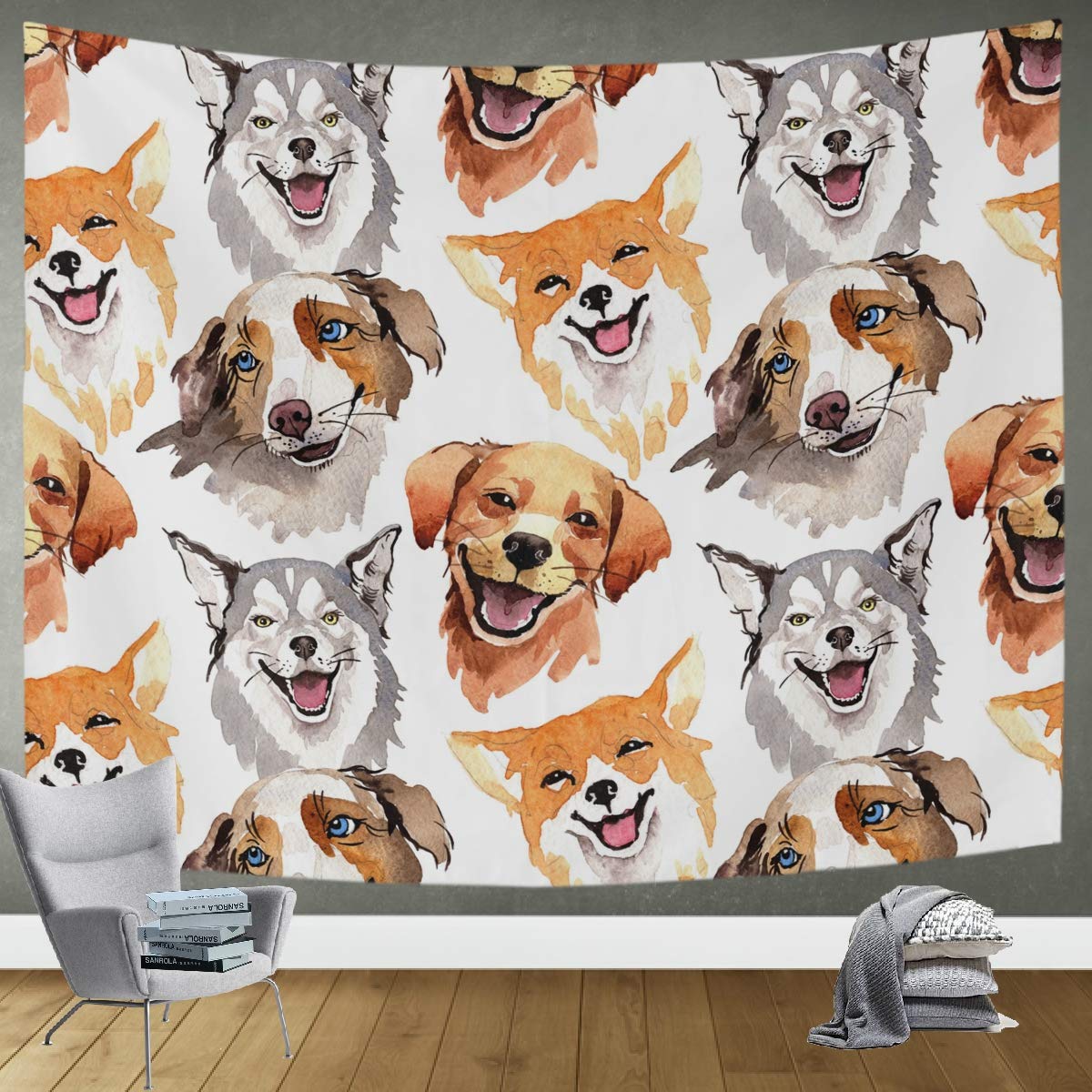 Cute Corgi Husky Dog Watercolor Tapestry Wall Hanging - 90x60in Large Bohemian Room Decor for Living Room, Bedroom, Dorm - Perfect for Home Decor, Gift & Photo Backdrop