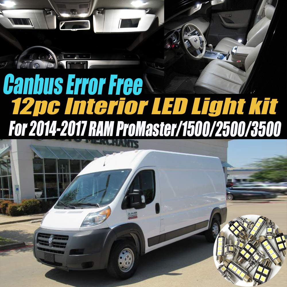 12Pc Canbus Error Free Super White 6000K LED Interior Light Kit for 2014-2017 RAM ProMaster 1500 2500 3500 - Upgrade Dashboard Dome Map Trunk Lights