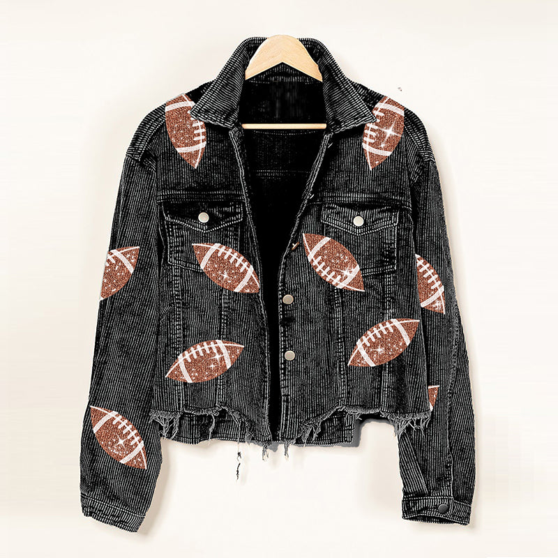 Stylish Women's Corduroy Rugby Print Baseball Jacket - Warm Autumn Winter Fashion Outerwear for Casual Wear & Outdoor Activities