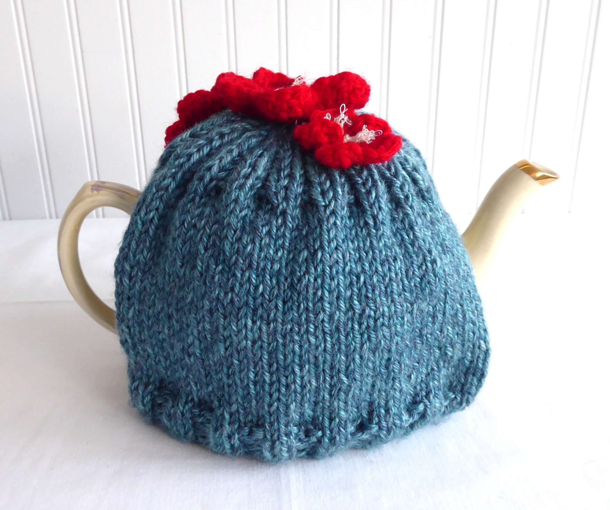 Hand Knitted Medium Stretchy Tea Cozy - Applied Flowers Teal Heather - US Artisan Made - Perfect for English Tea Parties & Cozy Afternoons