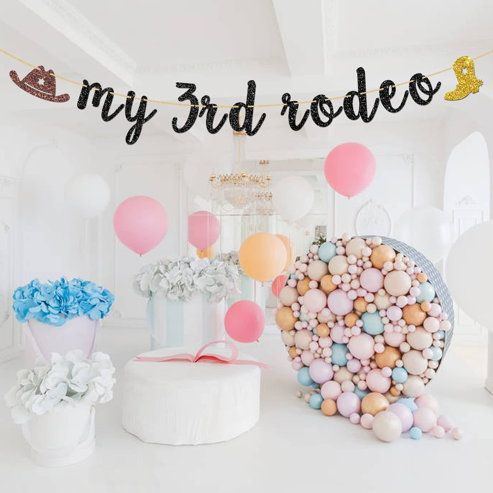 INNORU My 3rd Rodeo Banner - Mexican Themed 3rd Birthday Party Decorations for Cowboy & Cowgirl Western Party - Black Glitter Backdrop for Wild West Birthday Celebrations & Photo Booth Backgrounds
