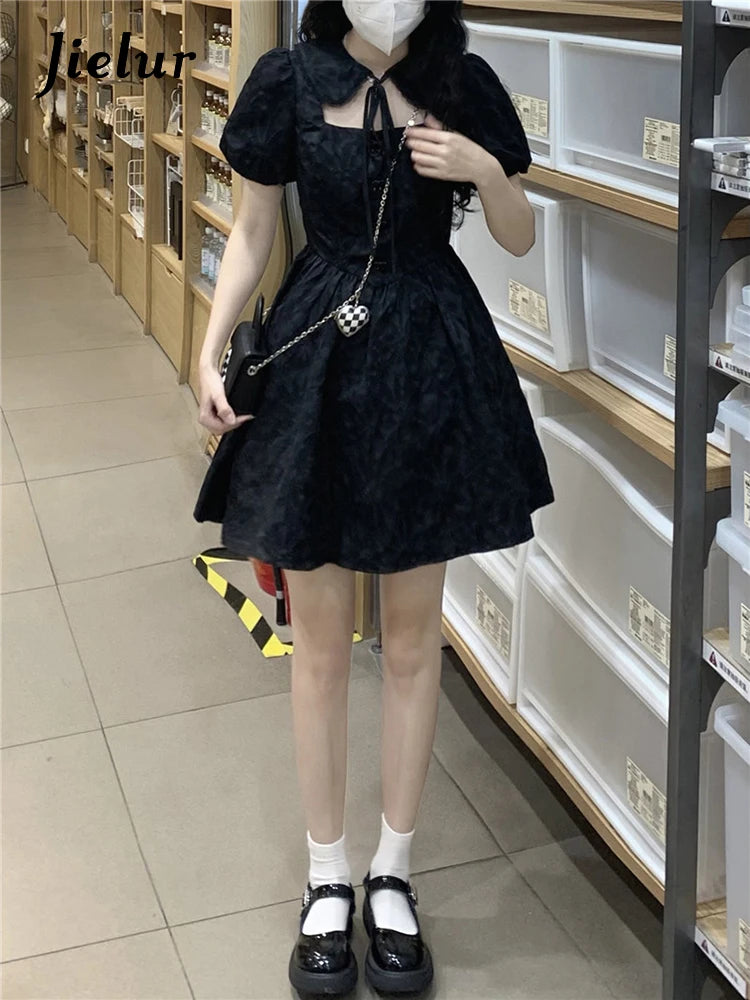 Elegant Black French Hollow Out Slim Women's Dress - High Street Puff Sleeve Pleated Solid Color Evening Gown | Perfect for Cocktail Parties, Date Nights & Formal Events