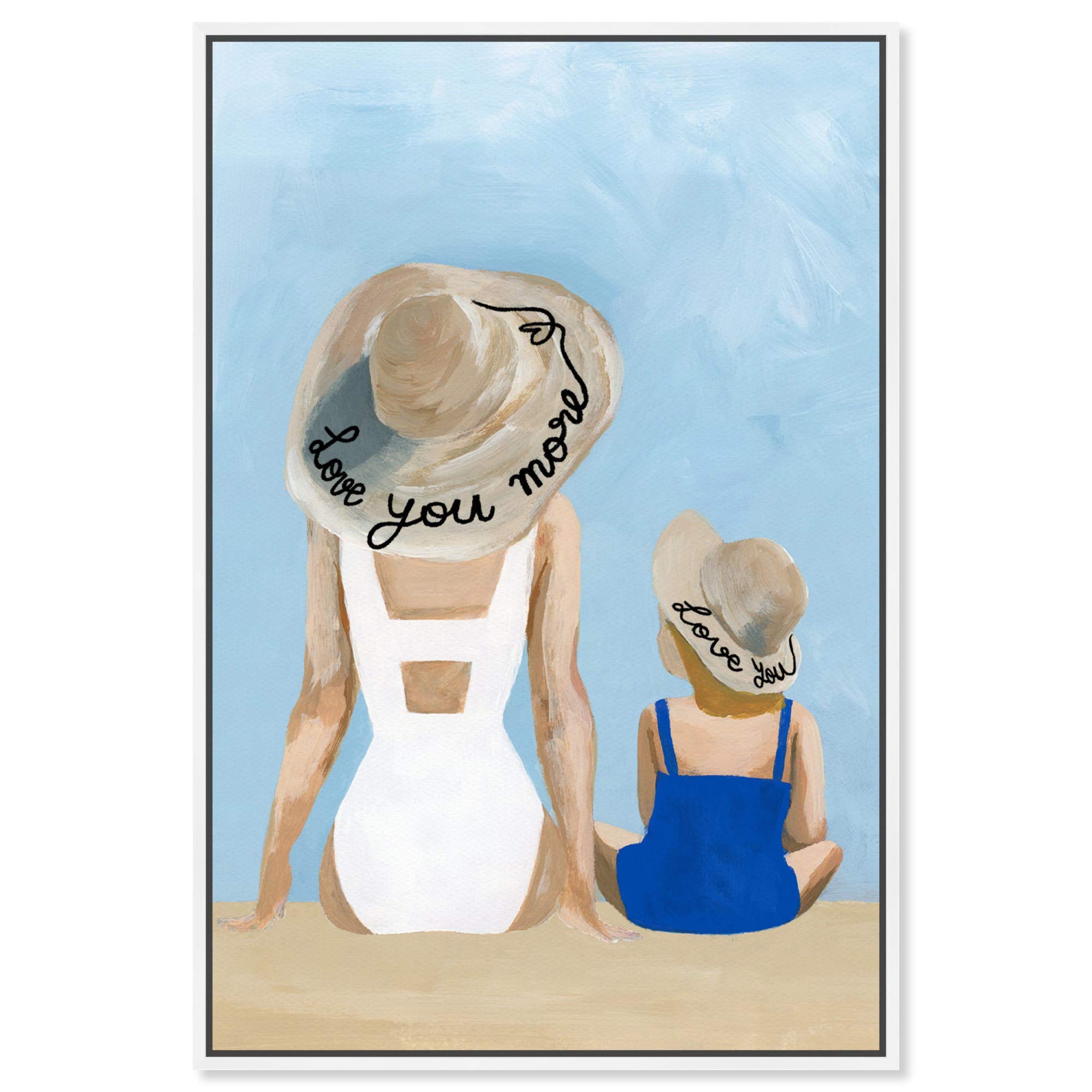 Oliver Gal Artist Co. 'Love You More' Swimsuit Wall Art - 20x30 Inch Blue & White Framed Canvas Print for Beach House Decor, Bedroom & Bathroom Wall Decor - Fashion Glam Home Décor