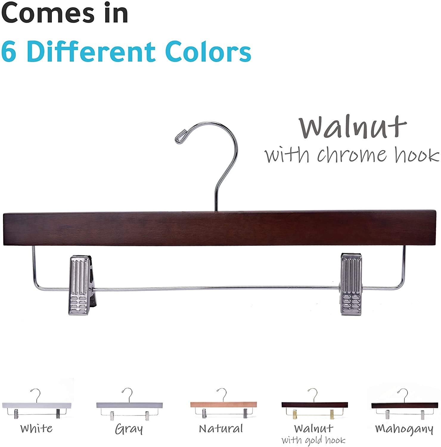 Premium 100-Pack Wooden Pants Hangers with Swivel Hooks - Adjustable Clip for Skirts, Pants, Shorts & Slacks - Durable Walnut Finish & Chrome Hooks - Space-Saving Closet Organization Solution for Home, Retail Stores & Dry Cleaners