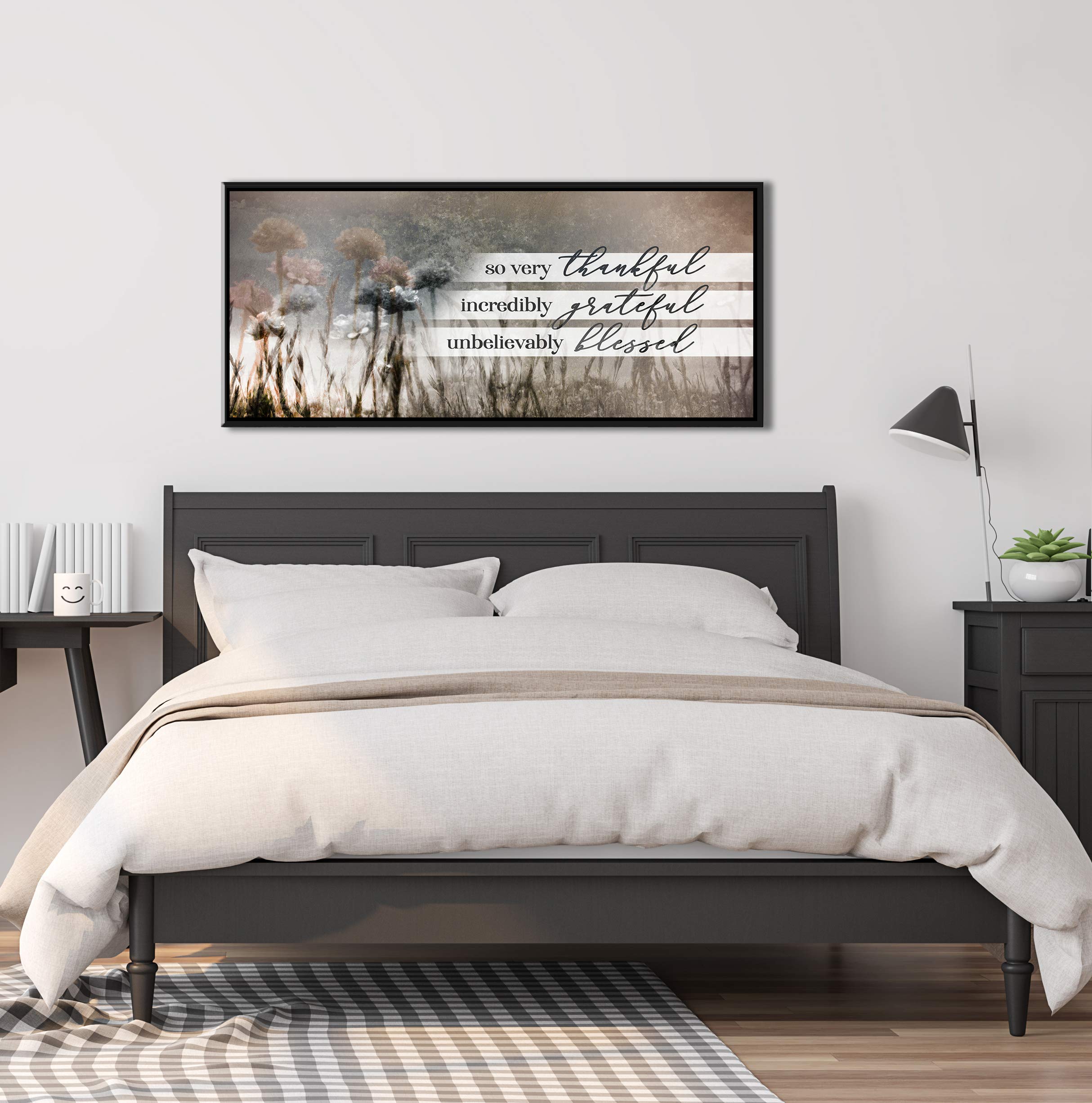 Rustic Dandelion Wall Art - So Very Thankful Blessed Religious Canvas Print with Black Floating Frame (42x19 inches) | Nature Inspired Home Decor for Living Room, Bedroom & Office