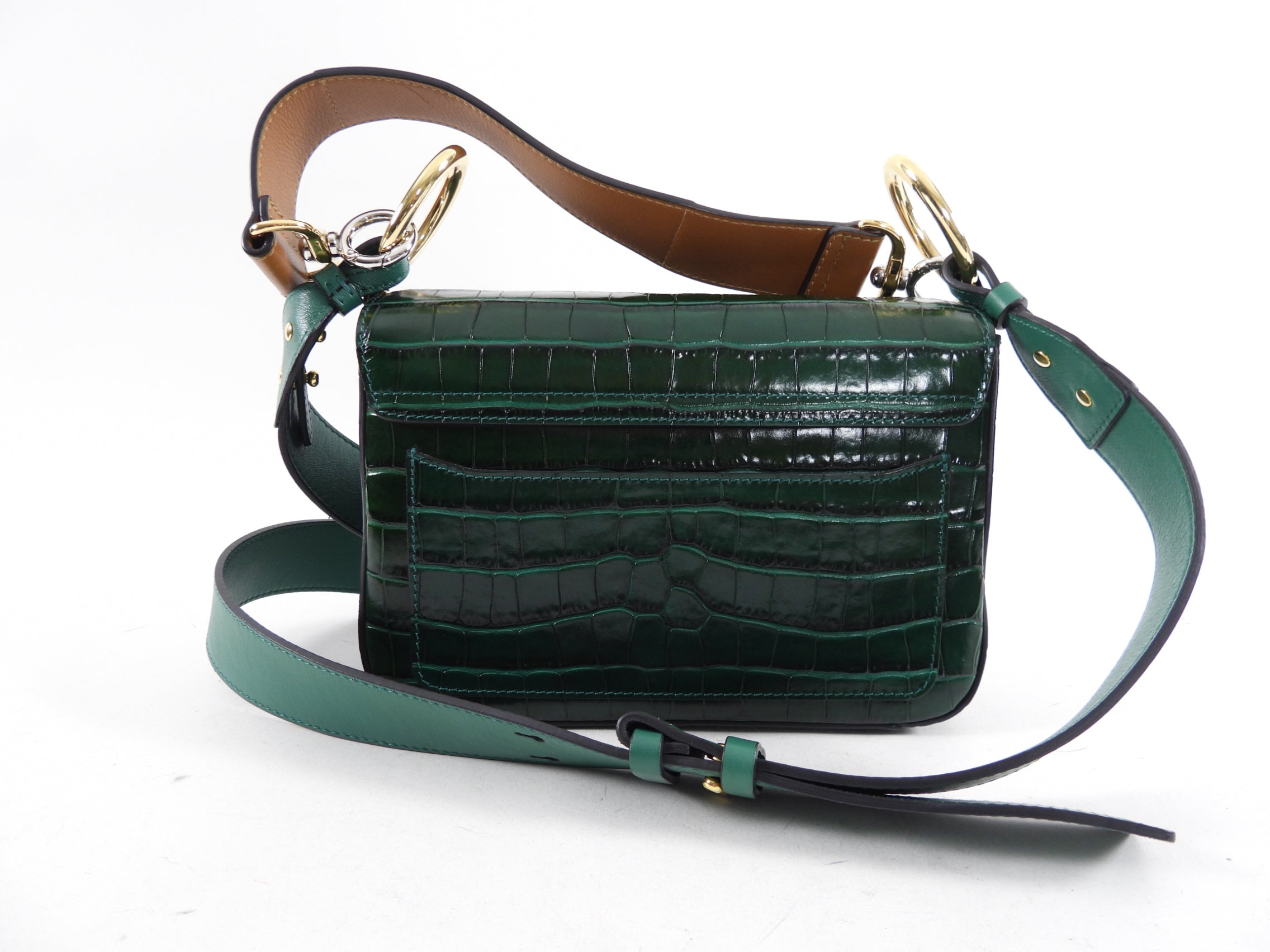 Chloe Green Croc-Embossed C Two-Way Flap Crossbody Bag - Stylish Handbag for Women, Perfect for Work, Travel & Evening Out