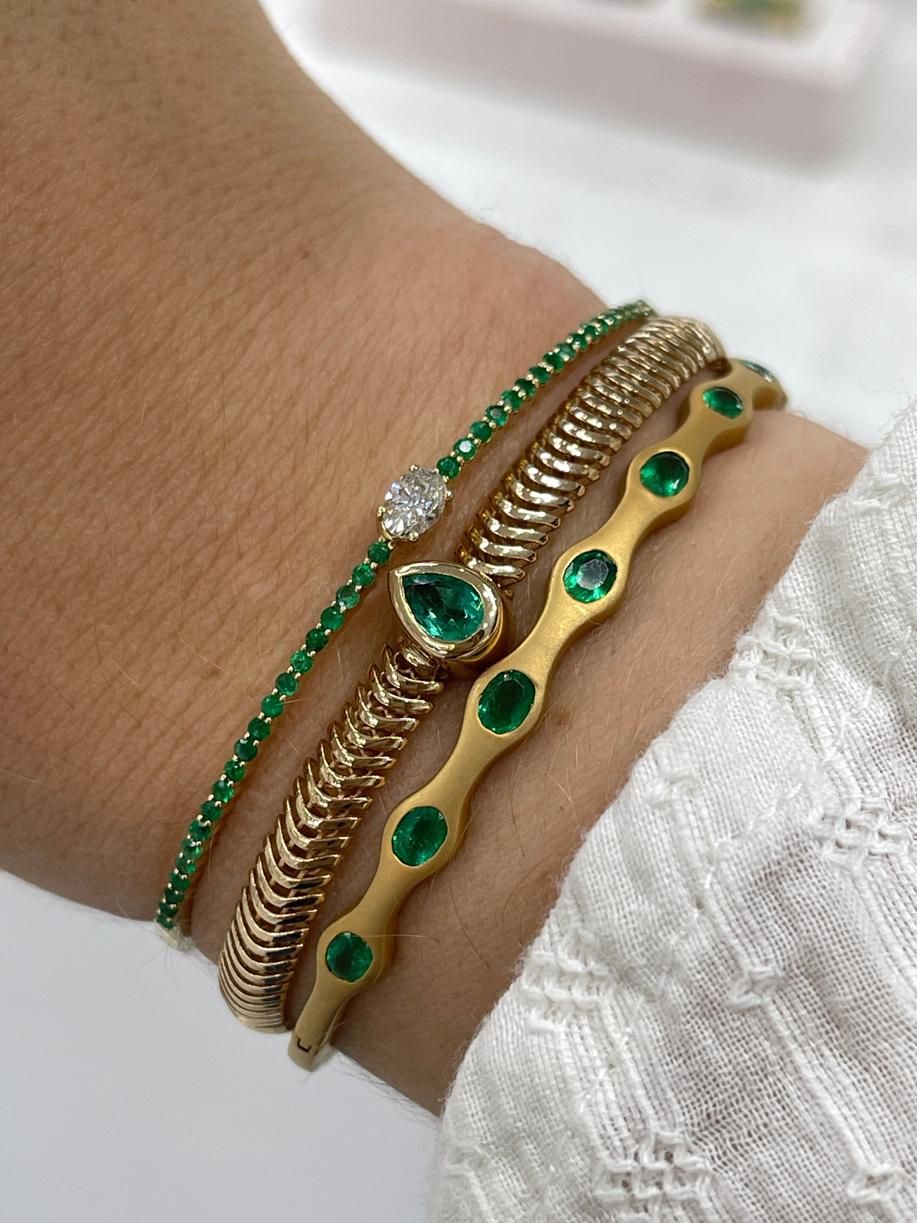 14K Yellow Gold Oval Diamond & Emerald Bangle Bracelet - 5.5 Inch Adjustable Wrist Size for Women | Perfect for Weddings, Anniversaries & Special Occasions
