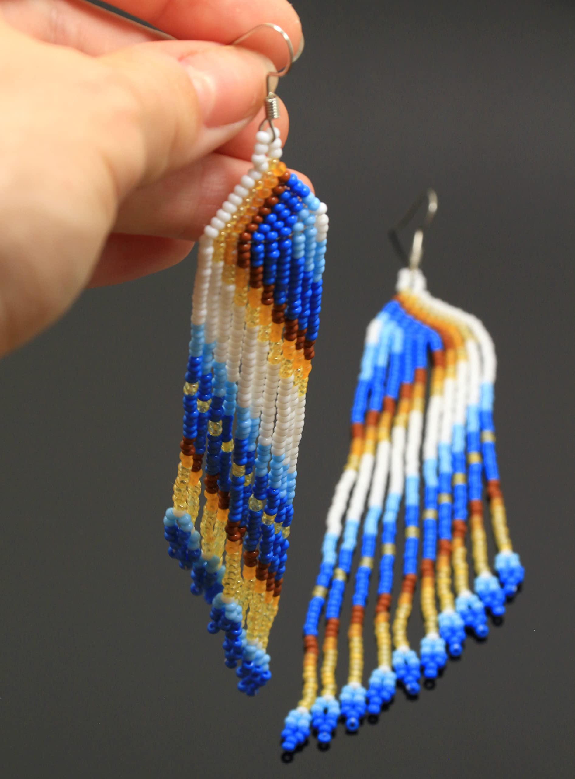 Handmade Blue Beaded Dangling Earrings – Extra Long Native American Style Boho Tribal Jewelry with Seed Bead Tassel Fringe | Perfect for Festivals, Boho Fashion & Cultural Events