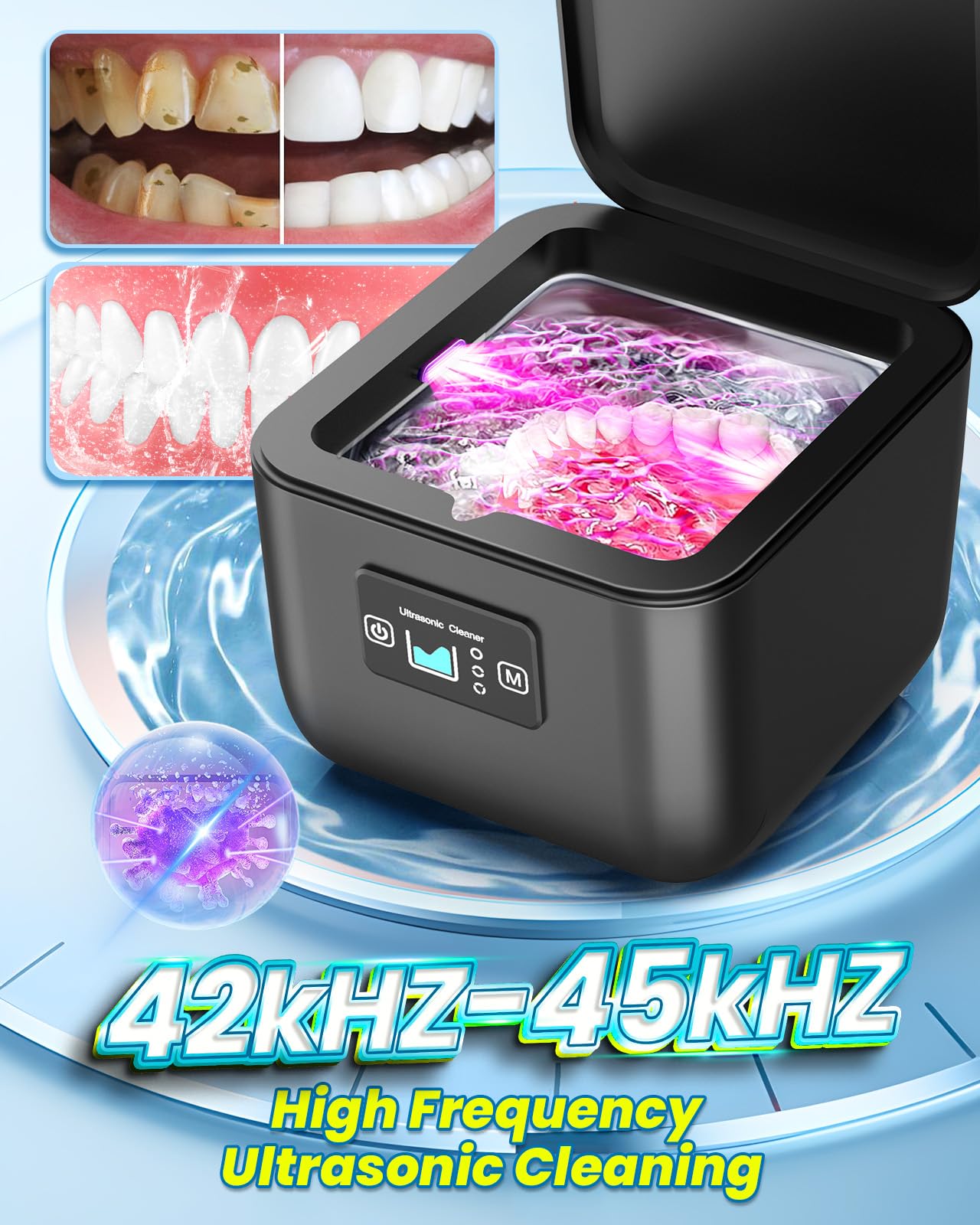 Professional Ultrasonic Jewelry Cleaner 45kHz - Dental Cleaner Machine with 3 Timer Settings for Rings, Watches, Jewelry & Dentures - Perfect for Home & Dental Office Use