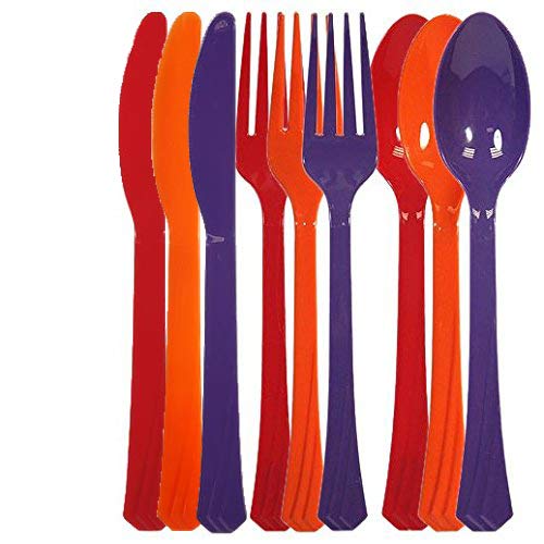 Tiger Chef 504-Pack Heavy Duty Plastic Cutlery Set - 168 Forks, 168 Teaspoons, 168 Knives in Red, Orange, Purple | Durable Disposable Silverware for Parties, Picnics, Catering & Outdoor Events