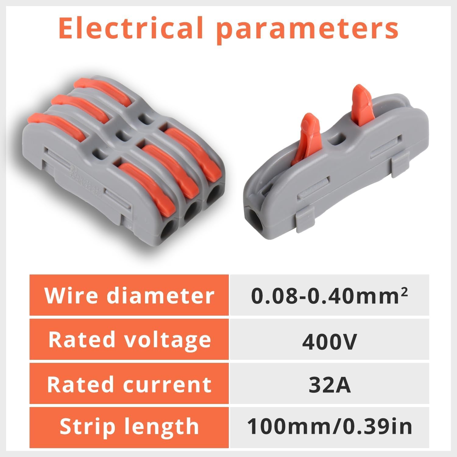 1 Conductor Circuit Inline Wire Connectors - Push-in Terminal Block Electrical Connectors (100 Pcs, Gray with Orange Handle) for Home Wiring, Automotive Electrical Systems & DIY Electronics Projects