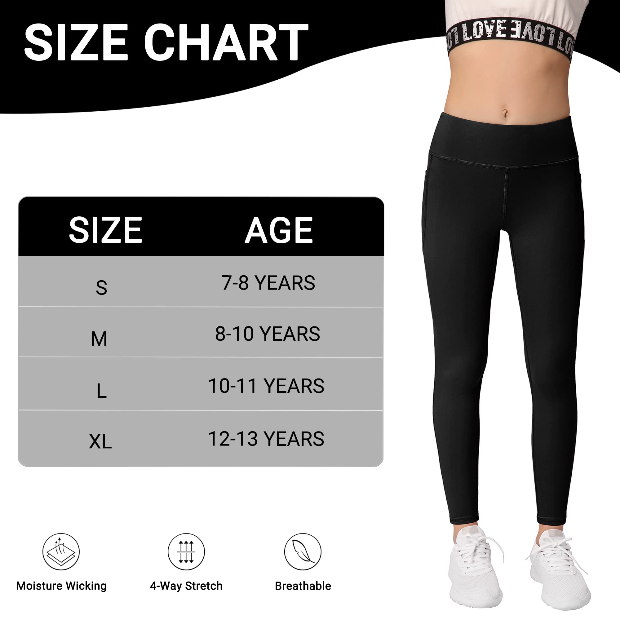 MIRITY Girls Athletic Leggings with Pockets - Kids Workout Running Yoga Pants for Girls Dance Leggings - Perfect for School, Gym & Playtime
