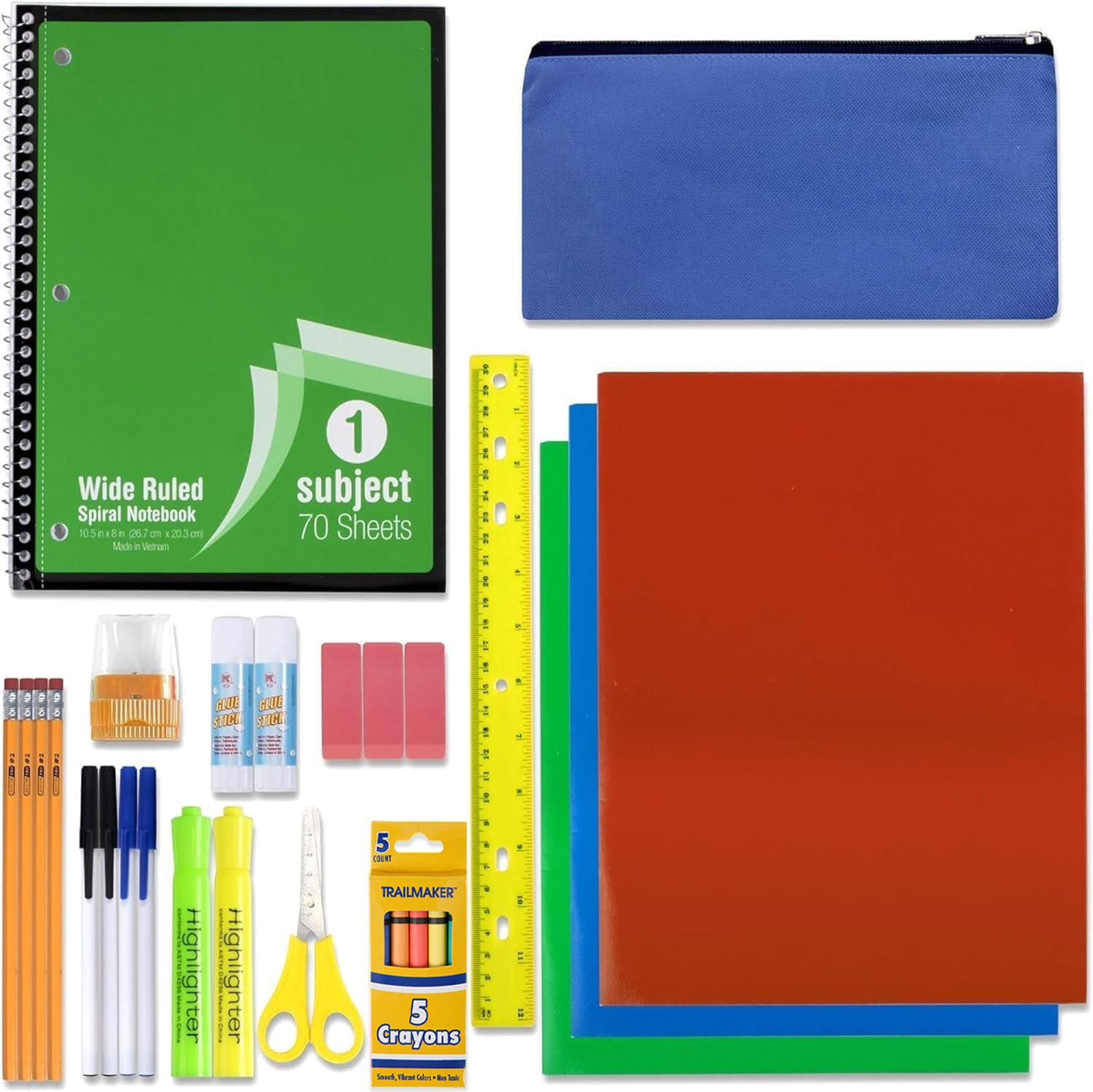 30-Piece Back to School Supplies Kit for Girls & Boys - Notebook, Folders, Pens, Pencils & More - Perfect for Kindergarten & Elementary Students (K-8) - Great for Classroom, Homeschool & Homework Organization