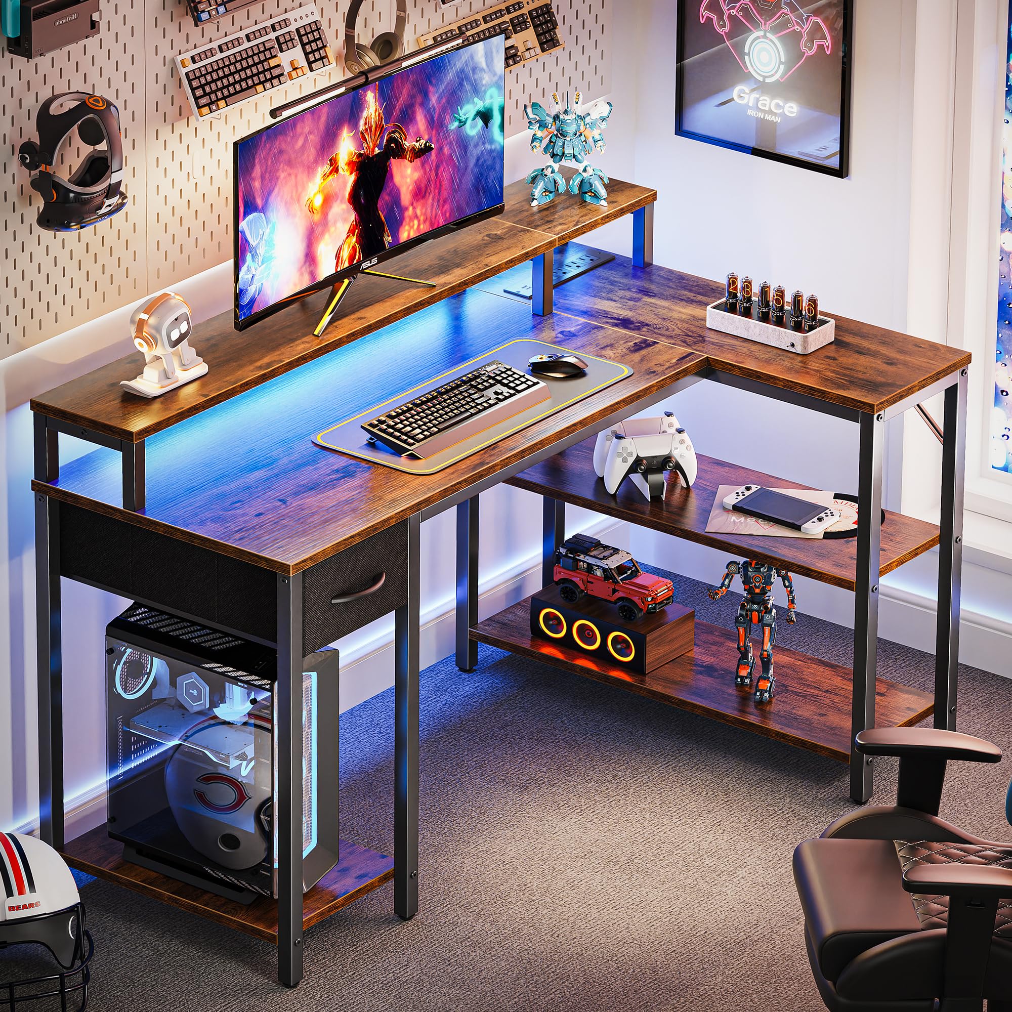 SUPERJARE 47-inch Reversible L-Shaped Computer Desk with LED Lights & Power Outlets - Home Office Gaming Desk with Shelves, Monitor Stand & Drawer - Rustic Brown Corner Workstation for Small Spaces & PC Gaming Setup