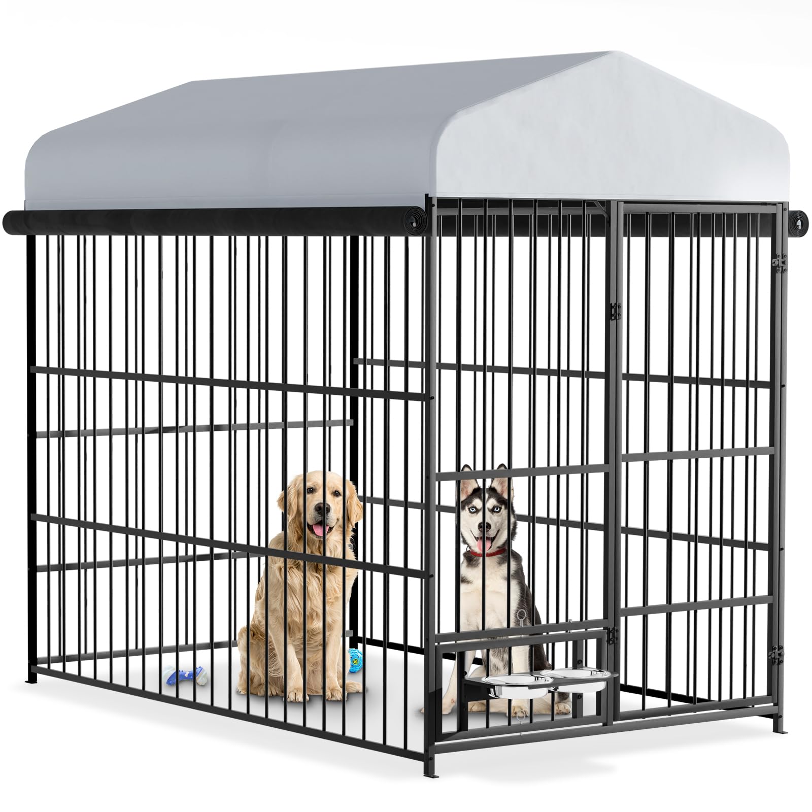Heavy Duty Large Outdoor Dog Kennel with Roof - 6.6'L x 3.9'W x 5.9'H - Rotating Feeding Bowls for Small Medium & Large Dogs - Weatherproof Covered Shelter for Backyard, Patio & Camping Use