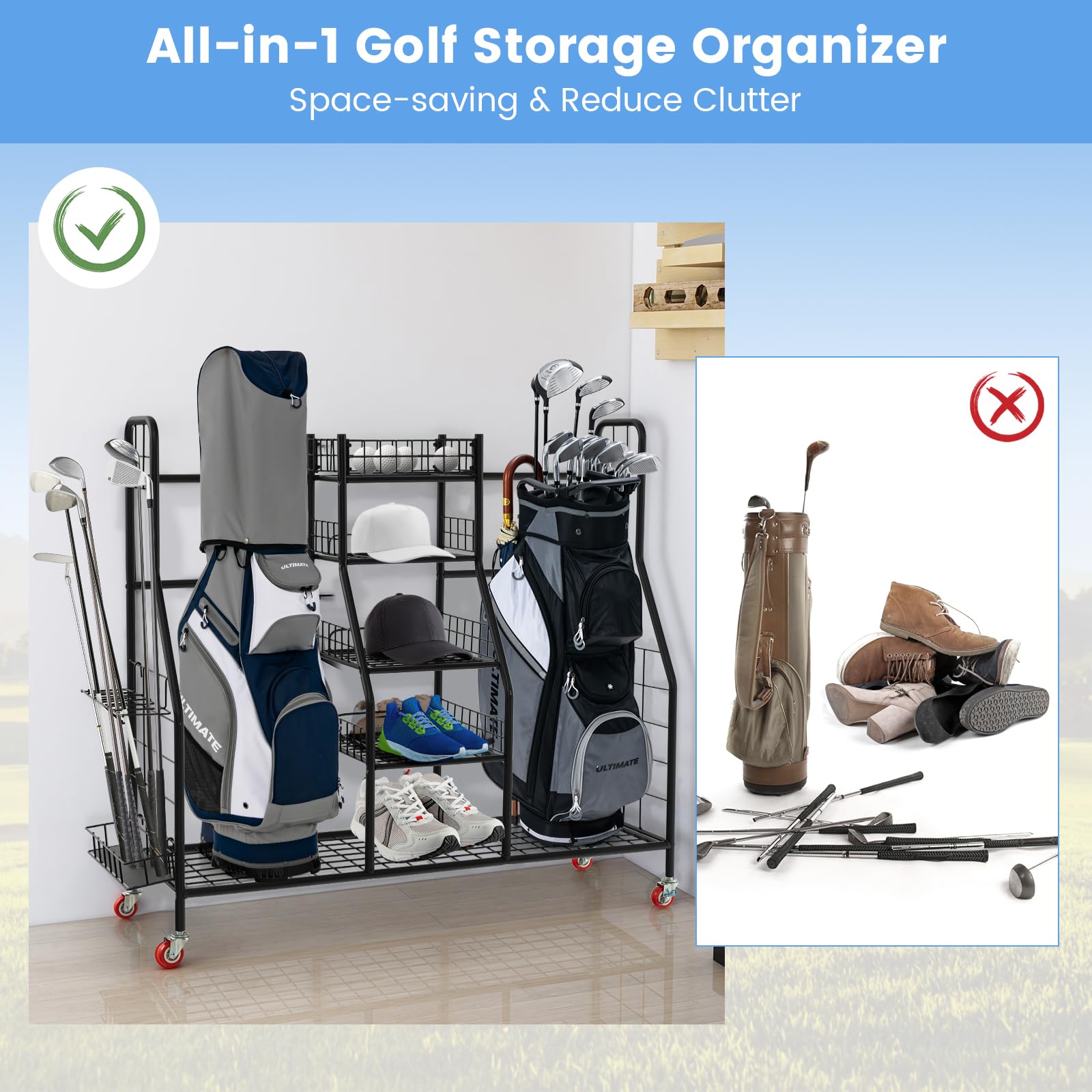 Tangkula Heavy Duty Metal Double Golf Bag Storage Rack with Removable Club Stand, Shelves & Lockable Wheels - Extra Large Golf Equipment Organizer for Garage, Basement or Clubhouse - Perfect for Storing Golf Bags, Clubs & Accessories