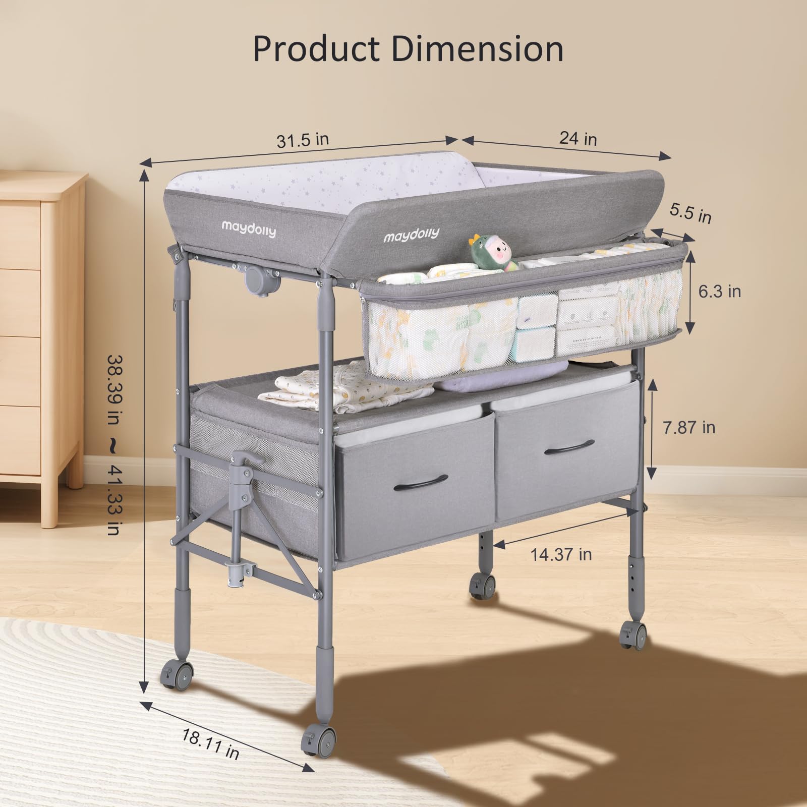 Maydolly Portable Baby Changing Table with Wheels - Adjustable Height, Waterproof, 2 Drawers - Folding Nursery Changing Station for Newborns & Infants (Grey) | Perfect for Home, Daycare & Travel Use