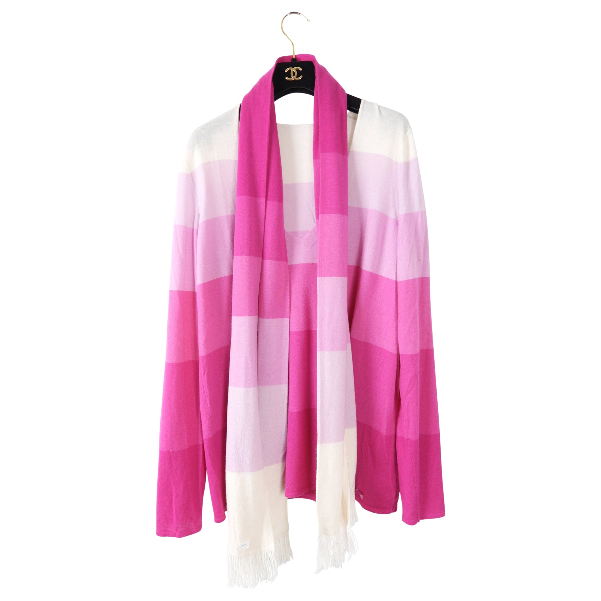 Chanel 05C Pink Cashmere Striped V-Neck Sweater and Scarf Set - Luxury Women's Knitwear for Fall & Winter - Perfect for Office, Date Night and Holiday Outfits