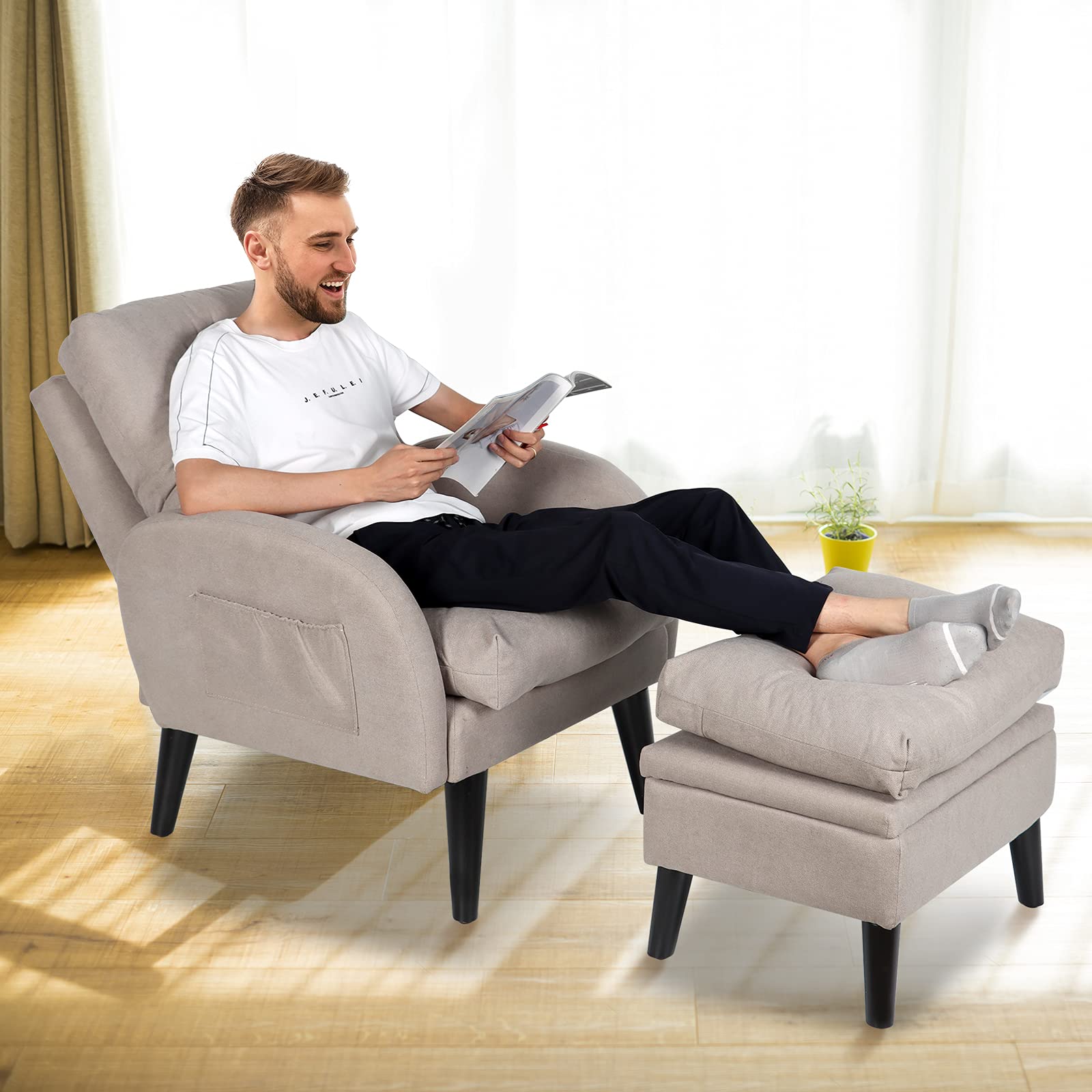 ELUCHANG Accent Chairs with Ottoman - Adjustable Backrest & Storage Footrest, Upholstered Comfy Armchair for Living Room, Bedroom - Light Grey Linen Fabric | Perfect for Reading, Relaxing & Leisure Time