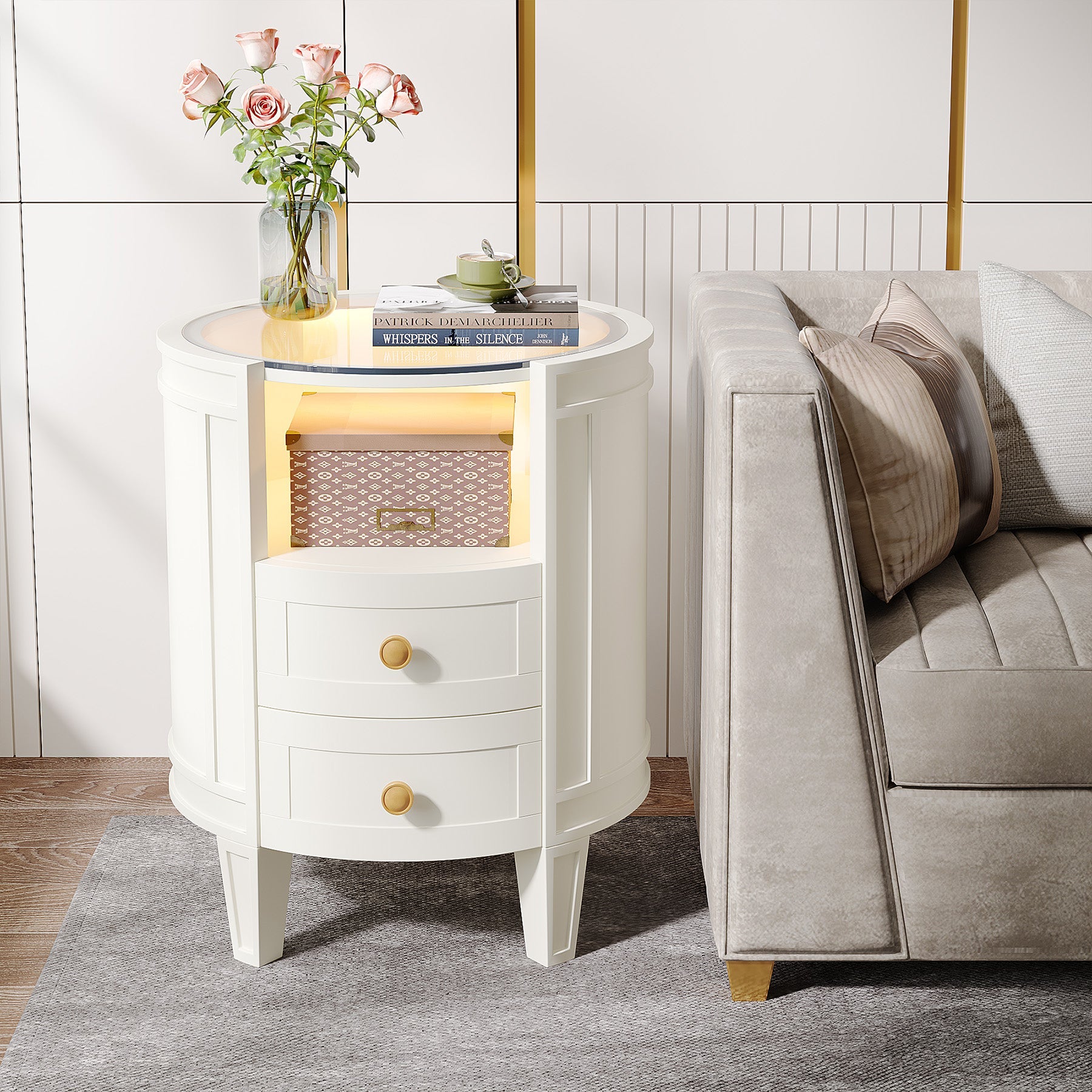 Modern 2-Drawer Nightstand with LED Light & Glass Tabletop - Stylish Bedside Table for Bedroom, Living Room, or Office Use