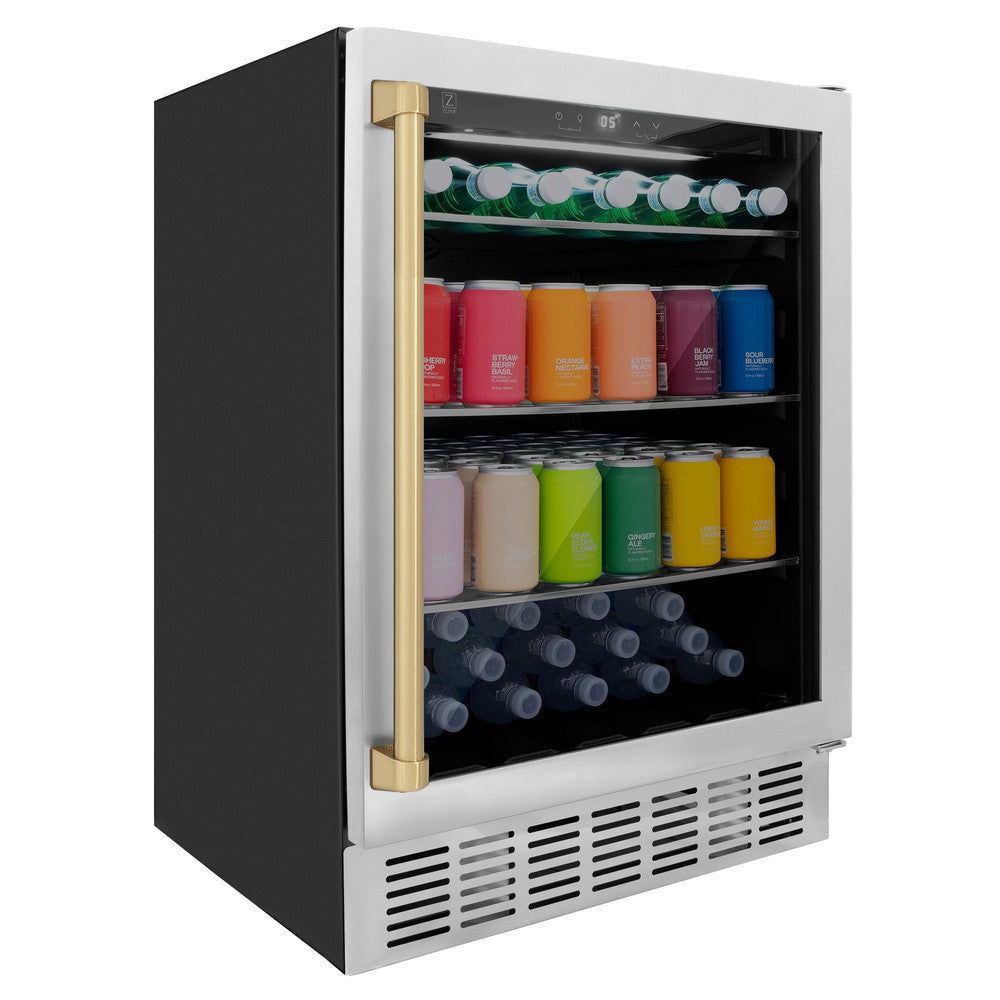 ZLINE Autograph Edition 24 Inch Stainless Steel Beverage Cooler with Champagne Bronze Accents - 154 Can Capacity - Perfect for Home Bar, Kitchen, or Office Refrigeration (RBVZ US 24 CB)