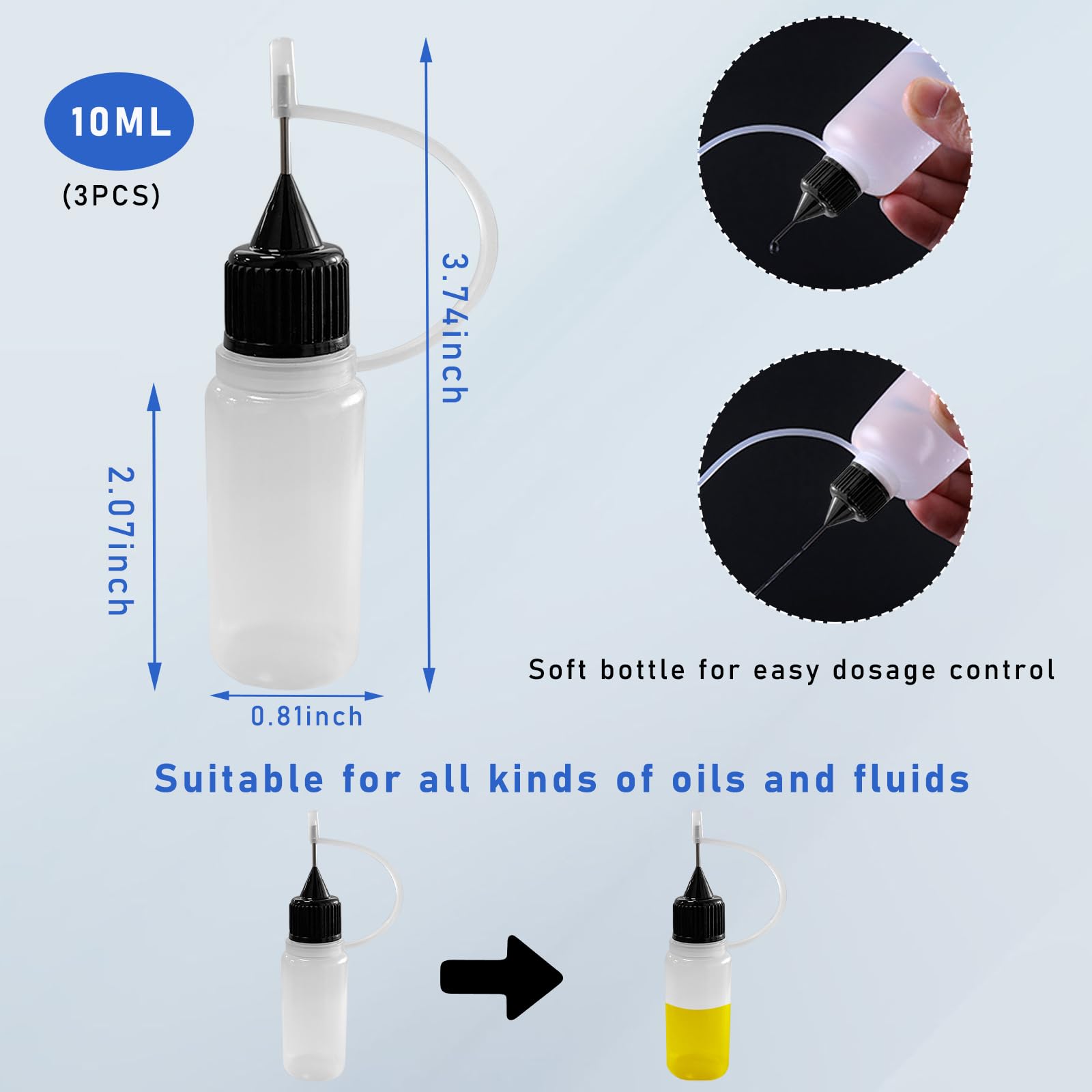 Augeny 3-Pack 10ML Precision Glue Bottles with Blunt Needle Tips & Funnel - Empty Squeeze Applicator for DIY Crafts, Model Making, Jewelry Adhesives & Small Liquid Dispensing