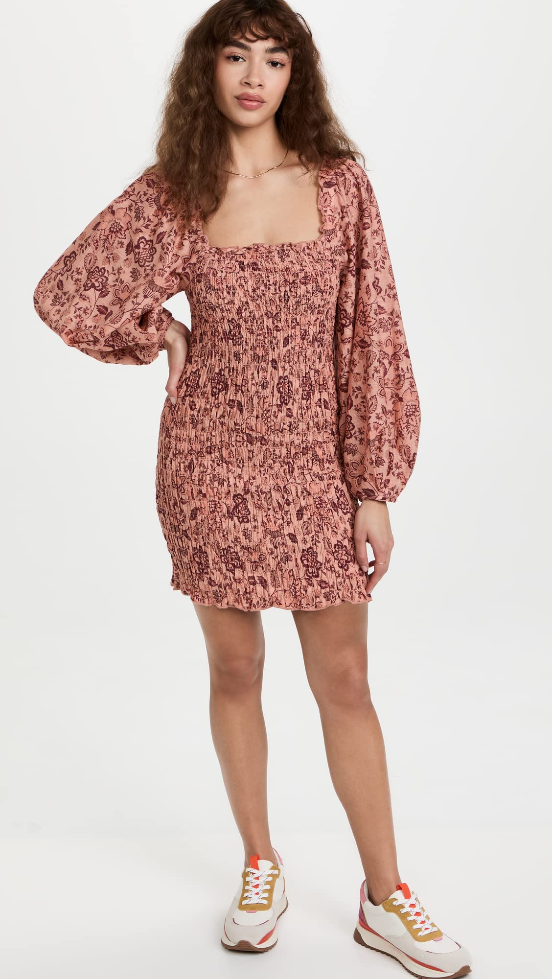 Free People Women's Smock It to Me Mini Dress - Floral Print, Apricot & Pink Combo, Size M | Boho Chic Summer Outfit for Beach, Date Night & Music Festivals