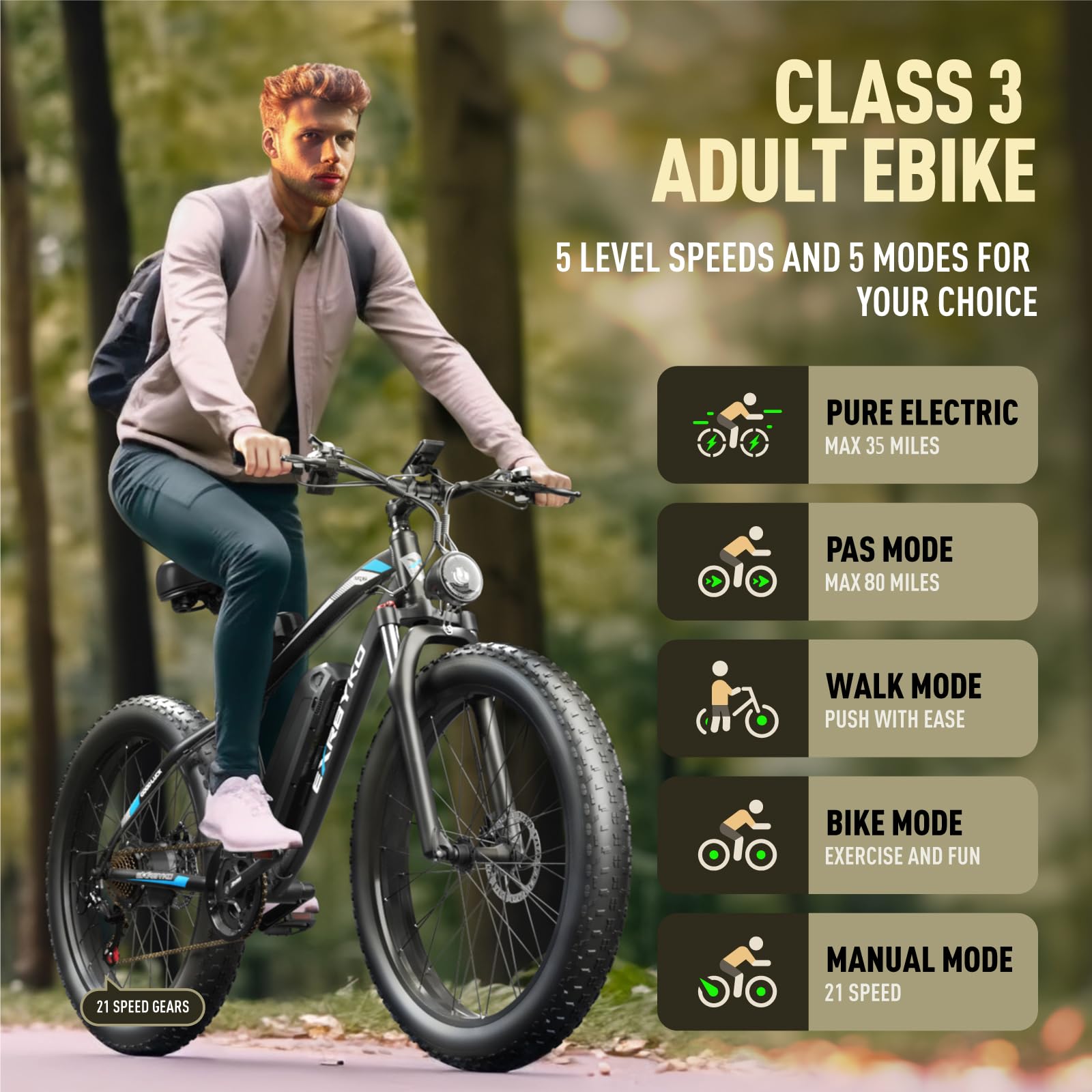 1500W/2000W Peak Power 37MPH Fat Tire Electric Bike for Adults - 48V 17.5AH 840WH Battery, 80 Miles Range, 21-Speed Gear - UL Certified ON/Off Road E-Bike for Commuting, Adventure & Outdoor Exploration