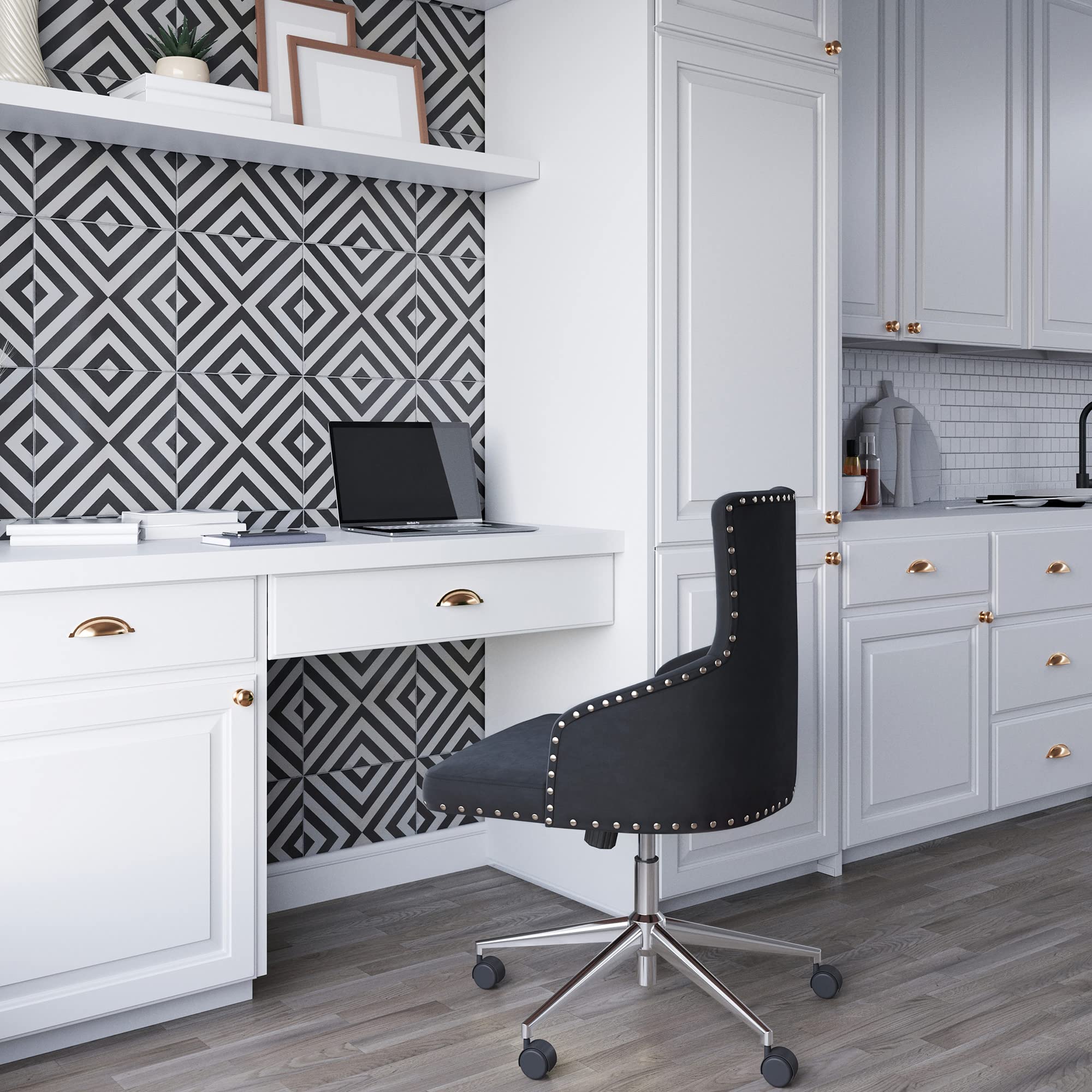 BELLEZE Modern Velvet Desk Chair - Adjustable Height Swivel Office Chair with Wheels & Tufted Upholstered Seat - Ergonomic Computer Chair for Home Office, Gaming, Bedroom Vanity (Black)