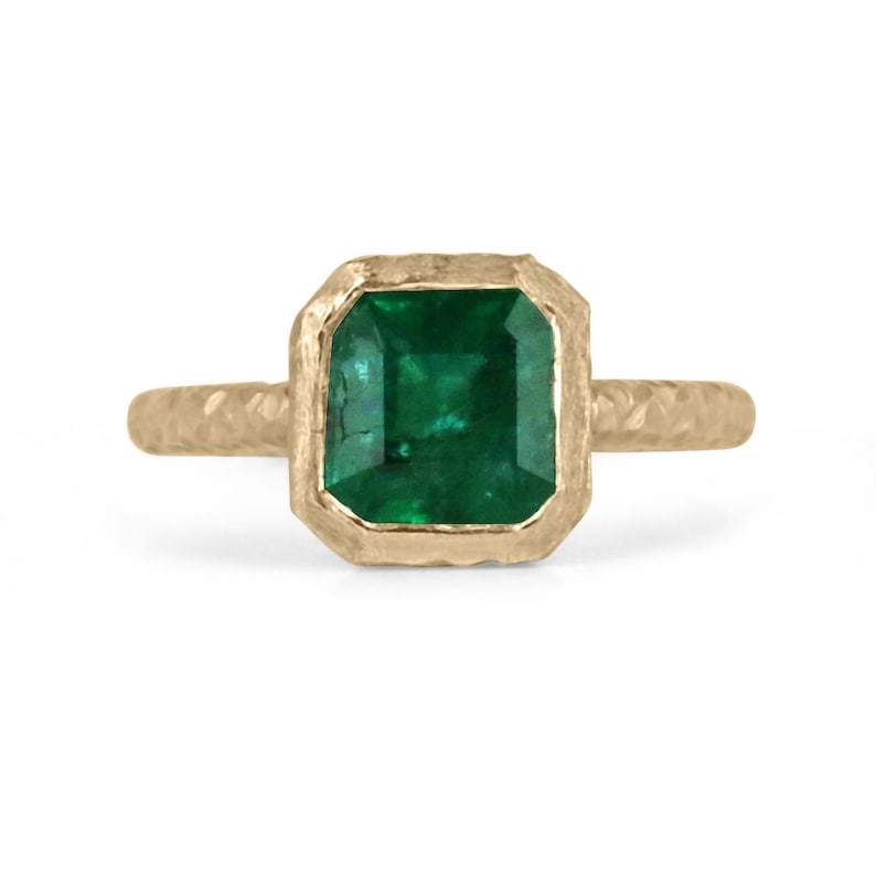 2.05ct 18K Gold Asscher Cut Emerald Ring - Rich Dark Green Solitaire with Matte Hammered Finish | Fine Jewelry for Engagement, Anniversary & Special Occasions