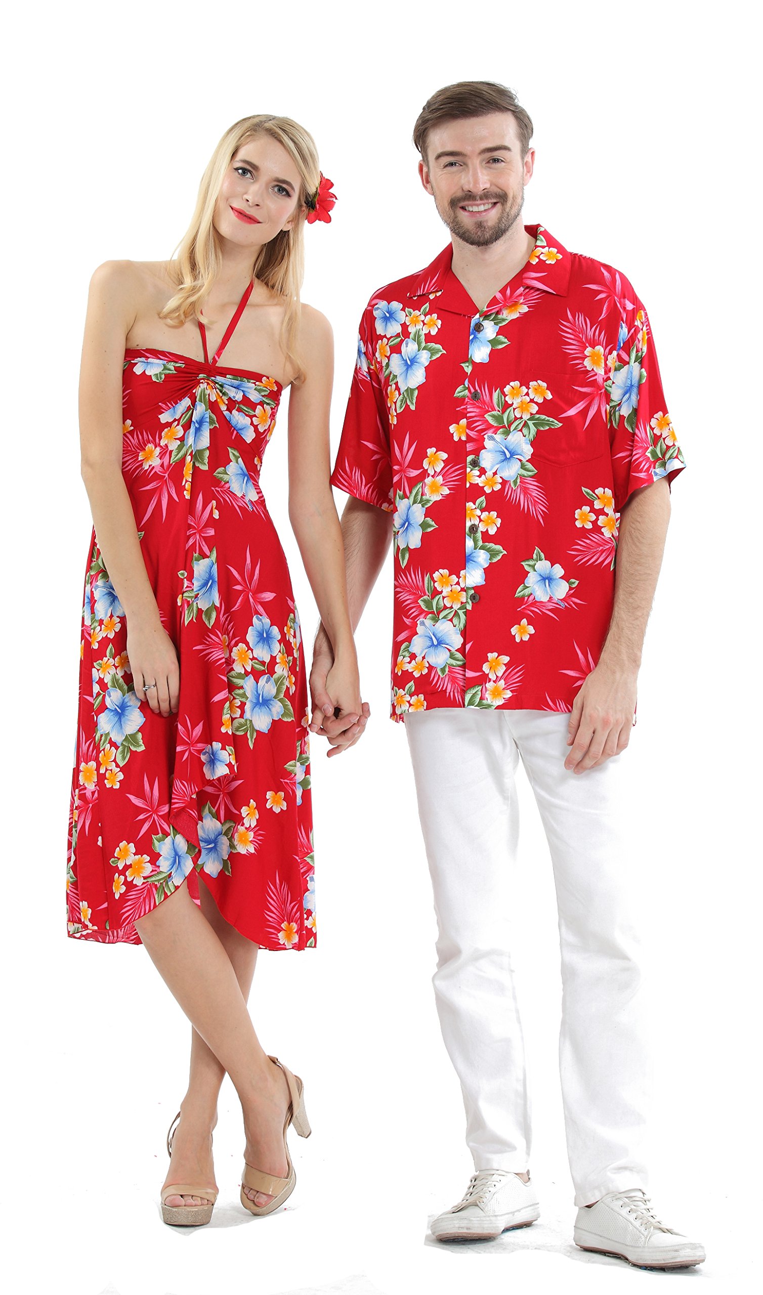 Men's Hawaiian Aloha Shirt - Tropical Hibiscus Red Floral Print Short Sleeve Button Up Shirt for Beach Vacation, Summer Party & Casual Wear