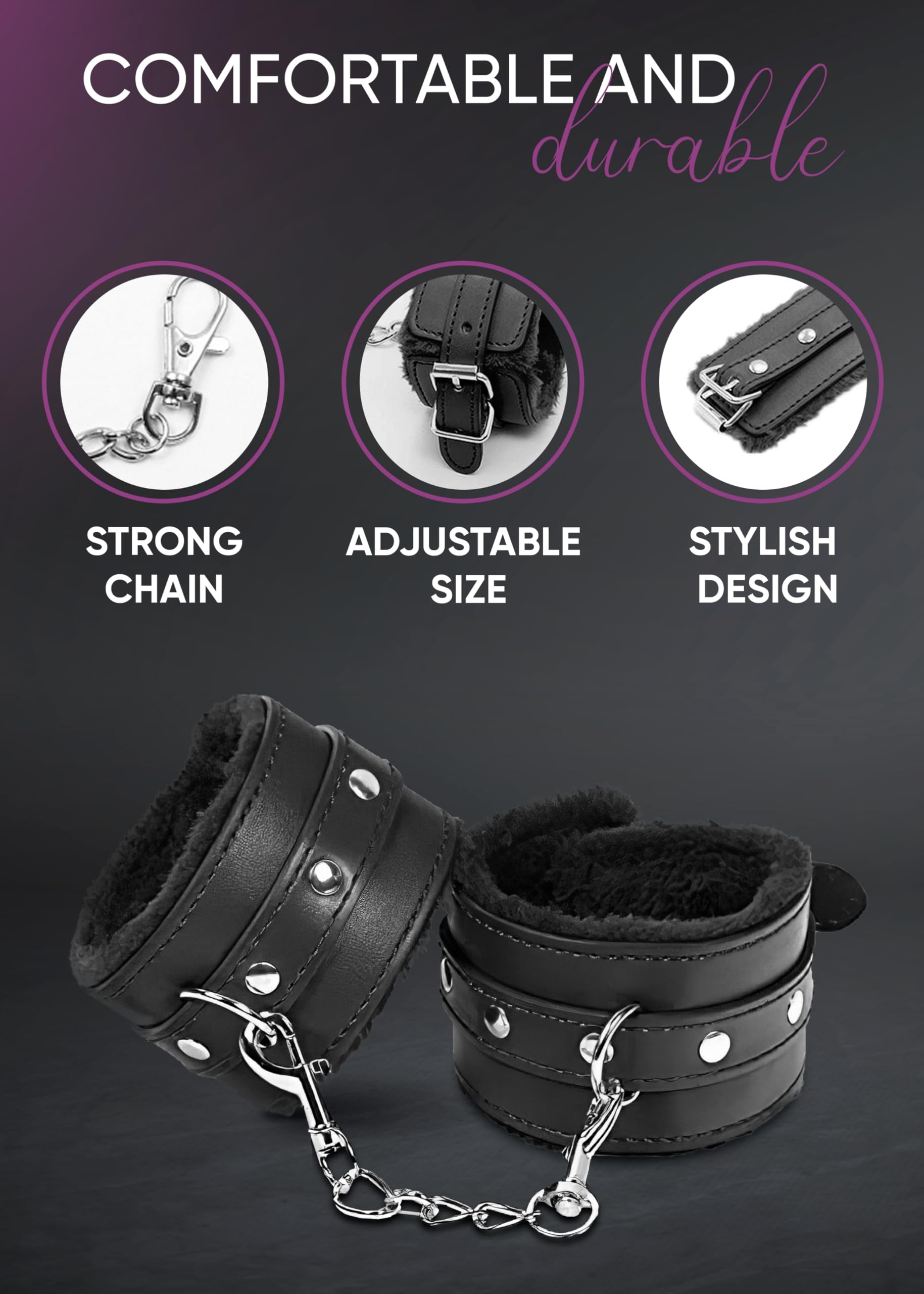 Fluffy Adjustable Leather BDSM Handcuffs & Blindfold Set - Soft Bondage Restraints for Couples - Sensual Play, Roleplay & Spicing Up Intimacy