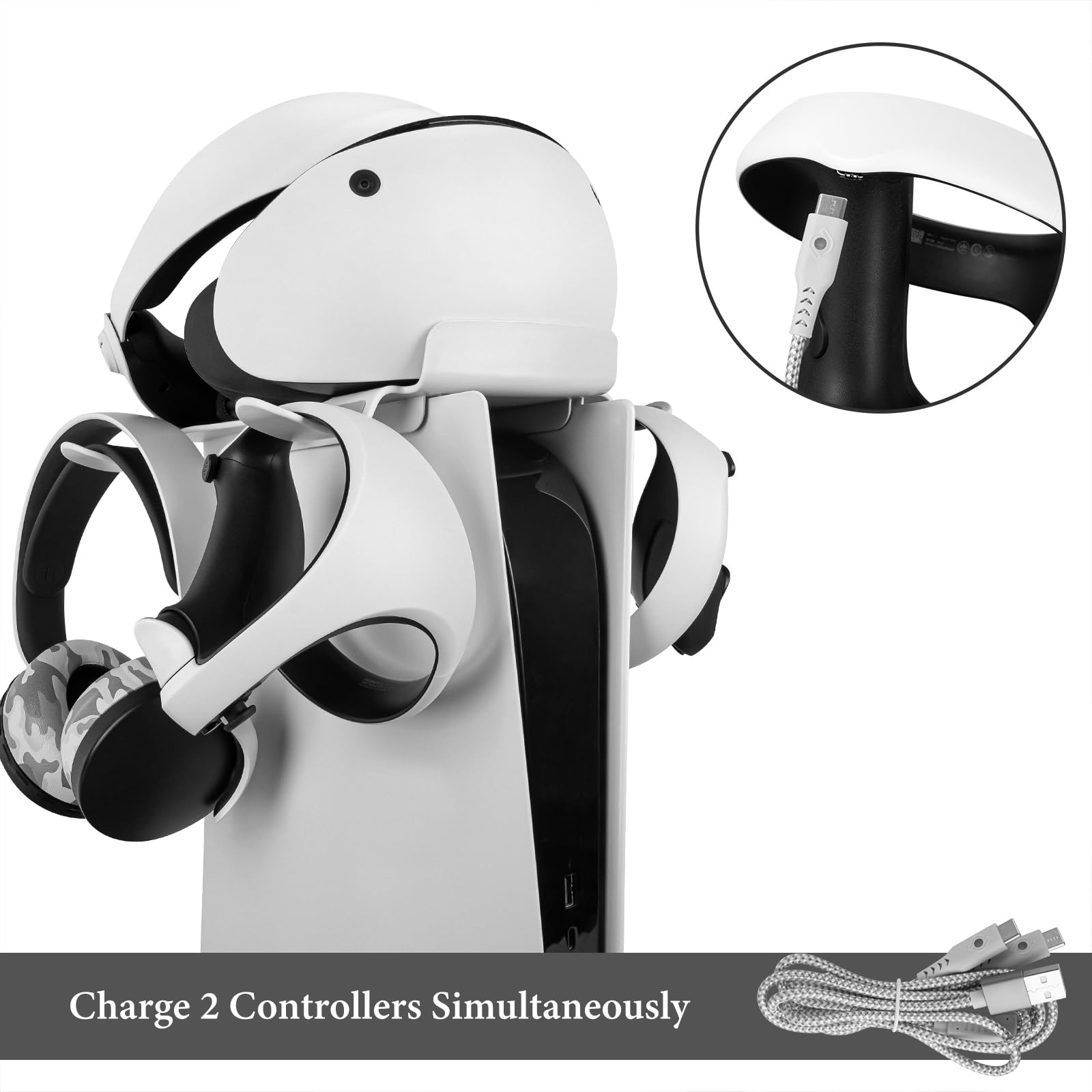 Geekria VR Storage Stand for PSVR2 & PS5 - VR Headset & Controller Holder with 2-in-1 Charging Cable - White | Multi-Functional Gaming Accessory for Organized Playstation Setup & Safe VR Equipment Storage