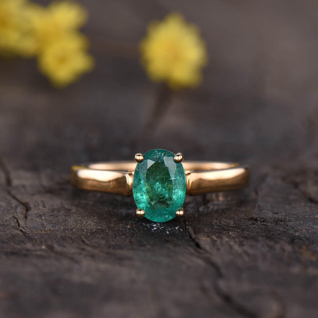 Solitaire Natural Oval Cut Emerald Engagement Ring - 14K Gold Wedding Band for Women, Vintage Inspired Bridal Jewelry - Perfect for Proposals, Anniversaries & Special Occasions