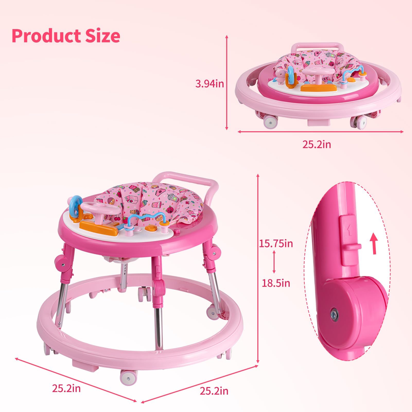 Foldable Baby Walker with Activity Center & Music - Adjustable Height (5 Levels) for Boys & Girls 6-18 Months - Includes Feeding Tray & Wheels - Perfect for Learning to Walk & Indoor Playtime