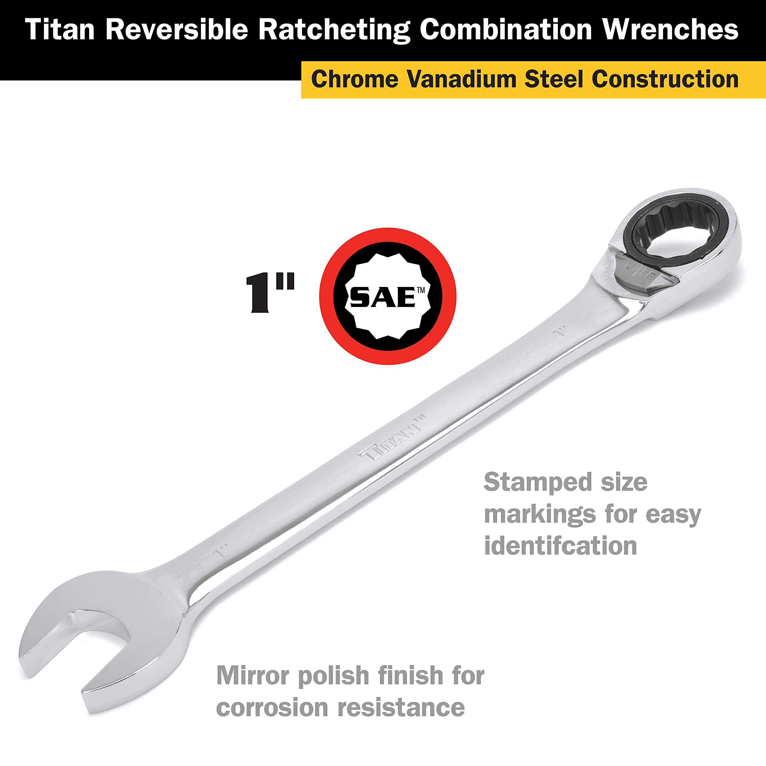 Titan 14613 1-Inch 12-Point 72-Tooth Reversible Ratcheting Combination Wrench - Professional Automotive & DIY Repair Tool for Tight Spaces