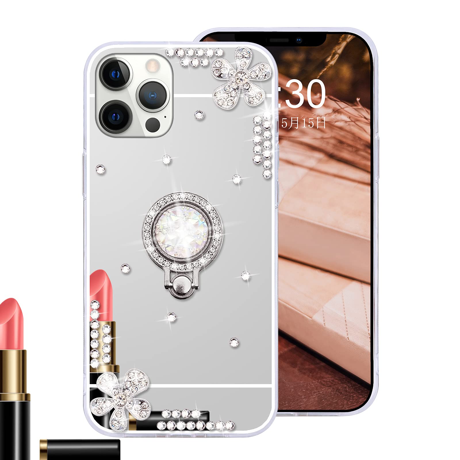 Luxury Bling Glitter iPhone 12 Pro Max Case with Mirror & Diamond Ring Stand - Cute Girly Phone Cover for Women & Girls (Silver) | Perfect for Makeup Touch-ups, Selfies & Secure Grip