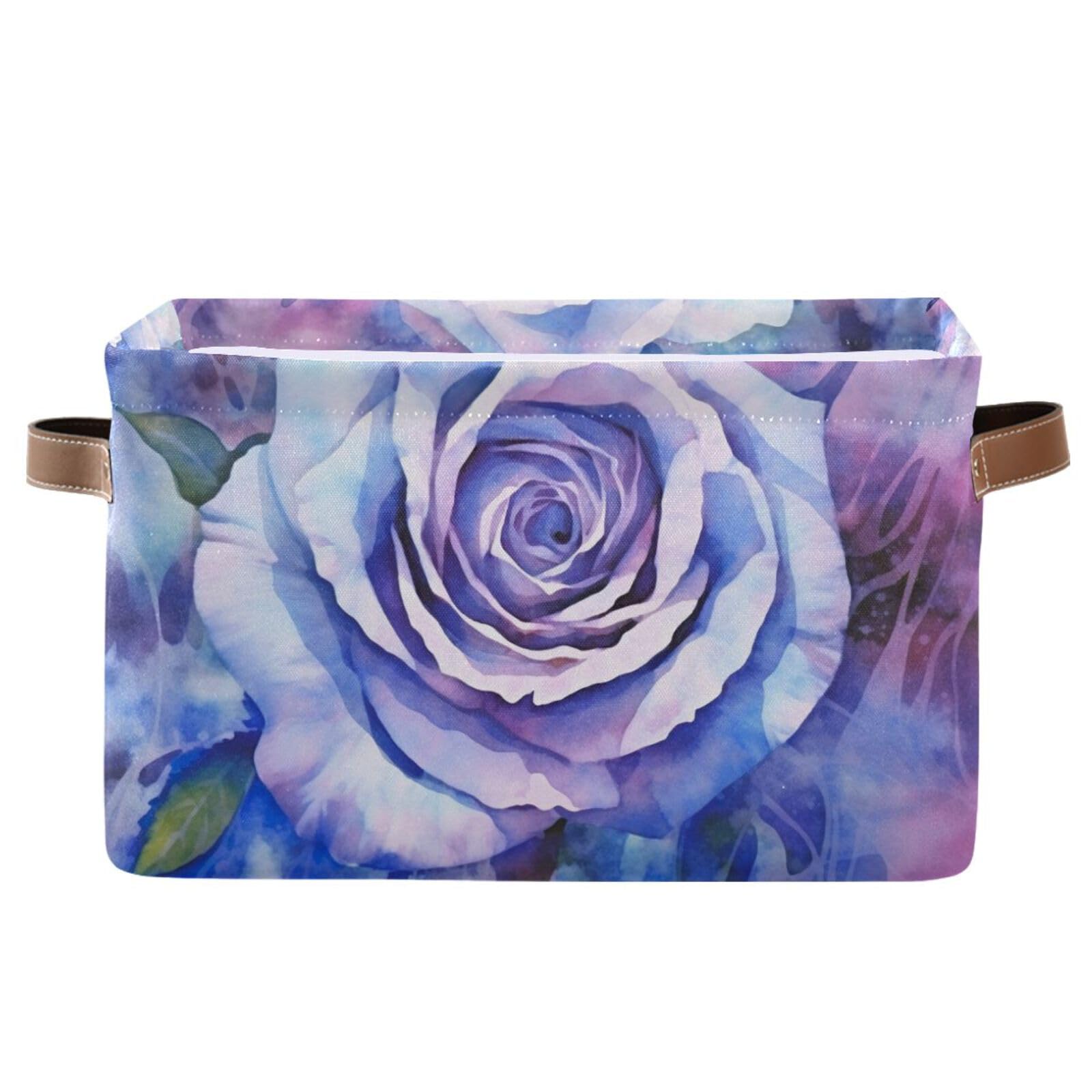 Watercolor Rose Blue Storage Baskets with Handles - Large Collapsible Fabric Storage Bins for Shelves, Closet, Bedroom & Living Room (2-Pack) - Perfect for Organizing Toys, Blankets, Books & Home Decor
